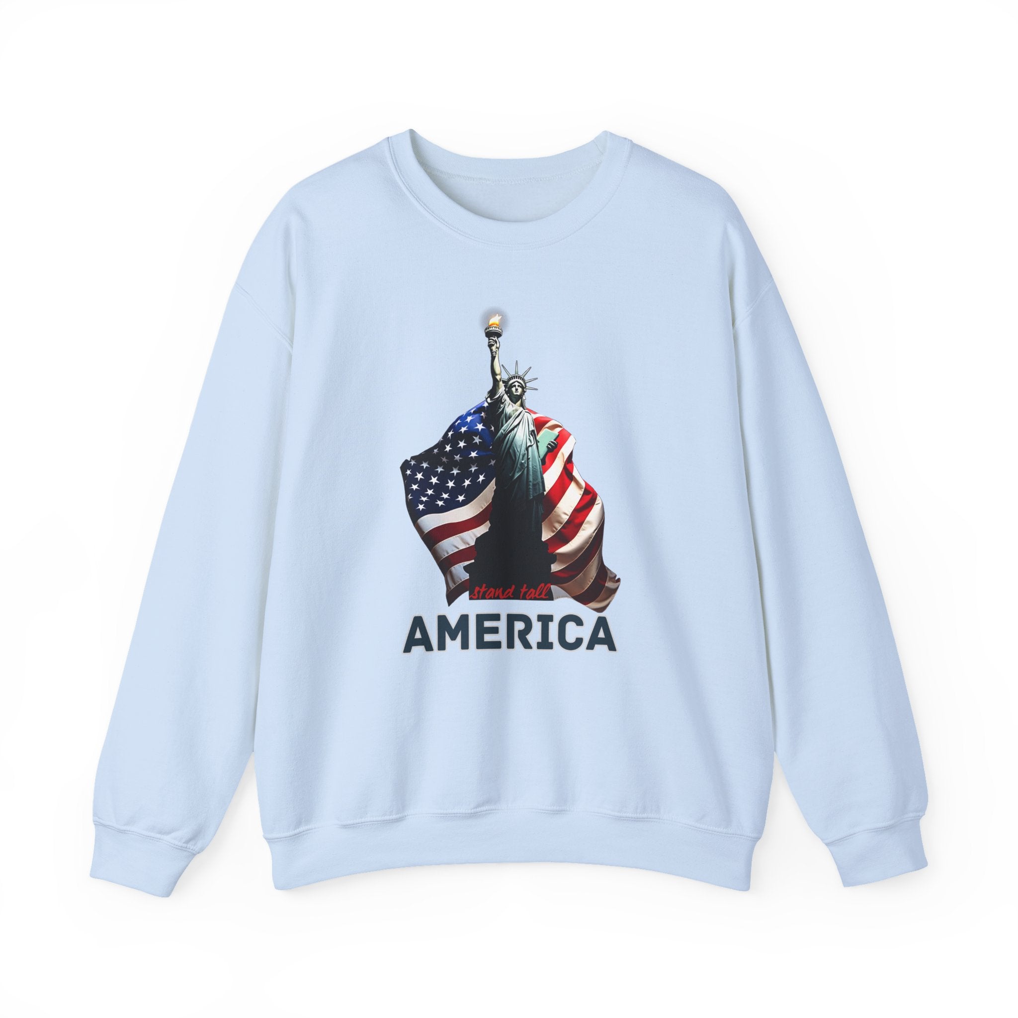 Light blue sweatshirt with Statue of Liberty and American flag graphic on a white background