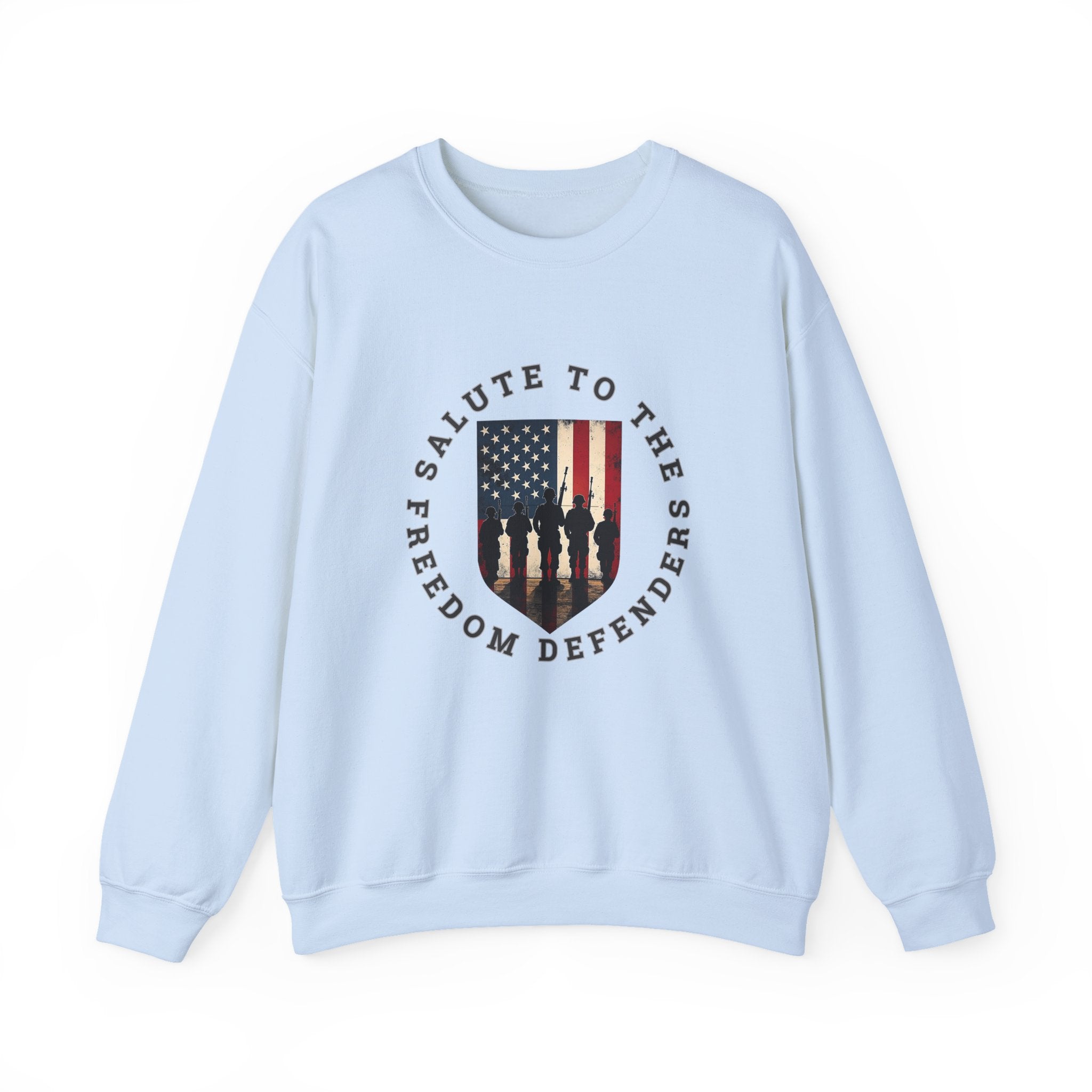 Light blue sweatshirt with graphic design and text on a white background