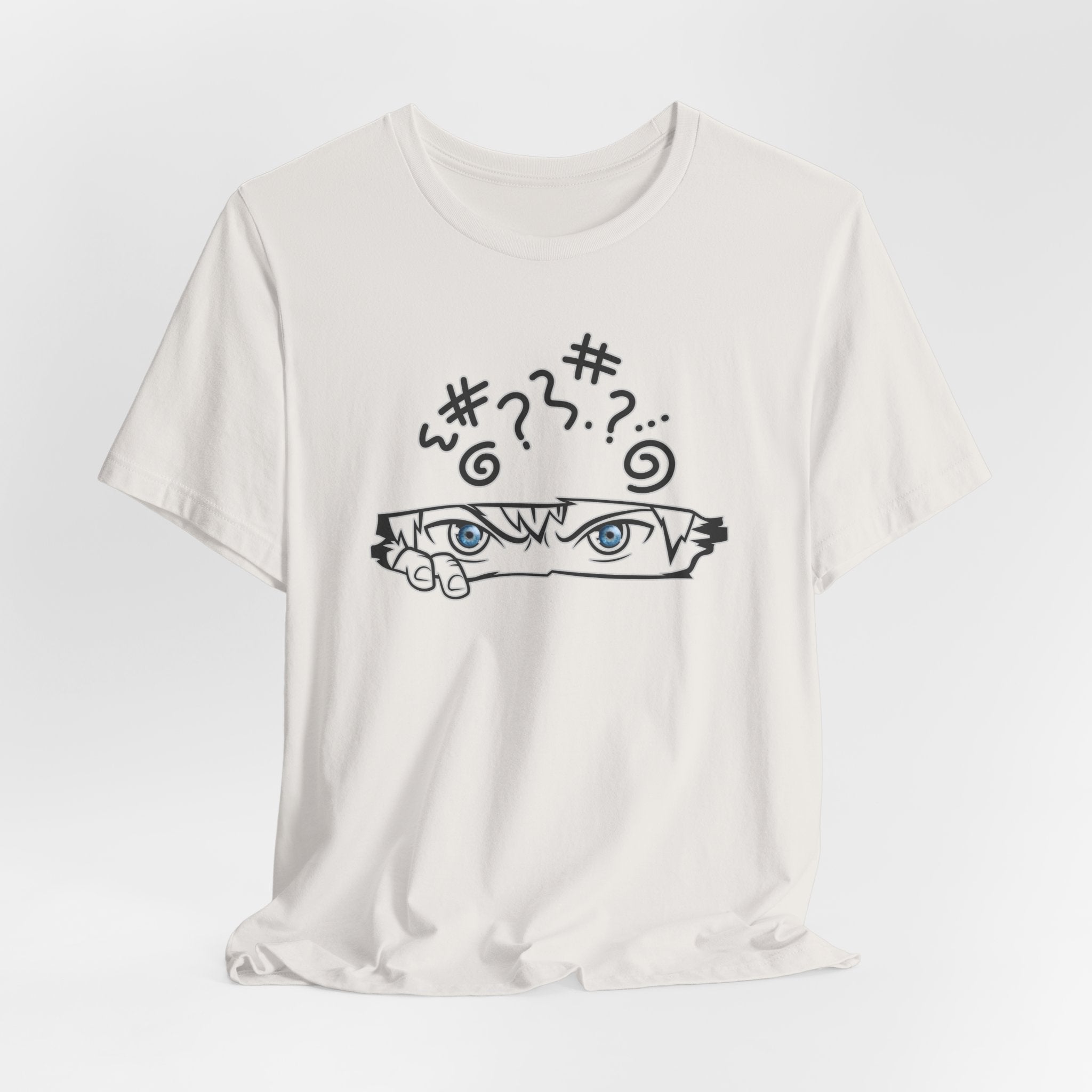 White t-shirt with a graphic design of eyes and question marks on a white background