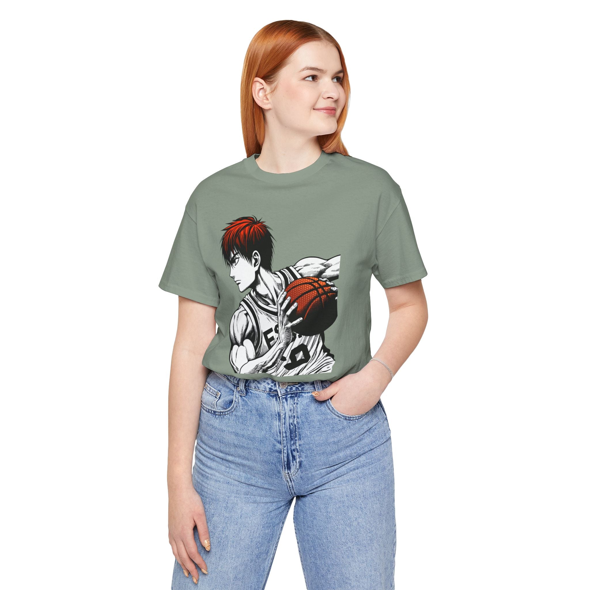 Person wearing a green t-shirt with a graphic design on a white background