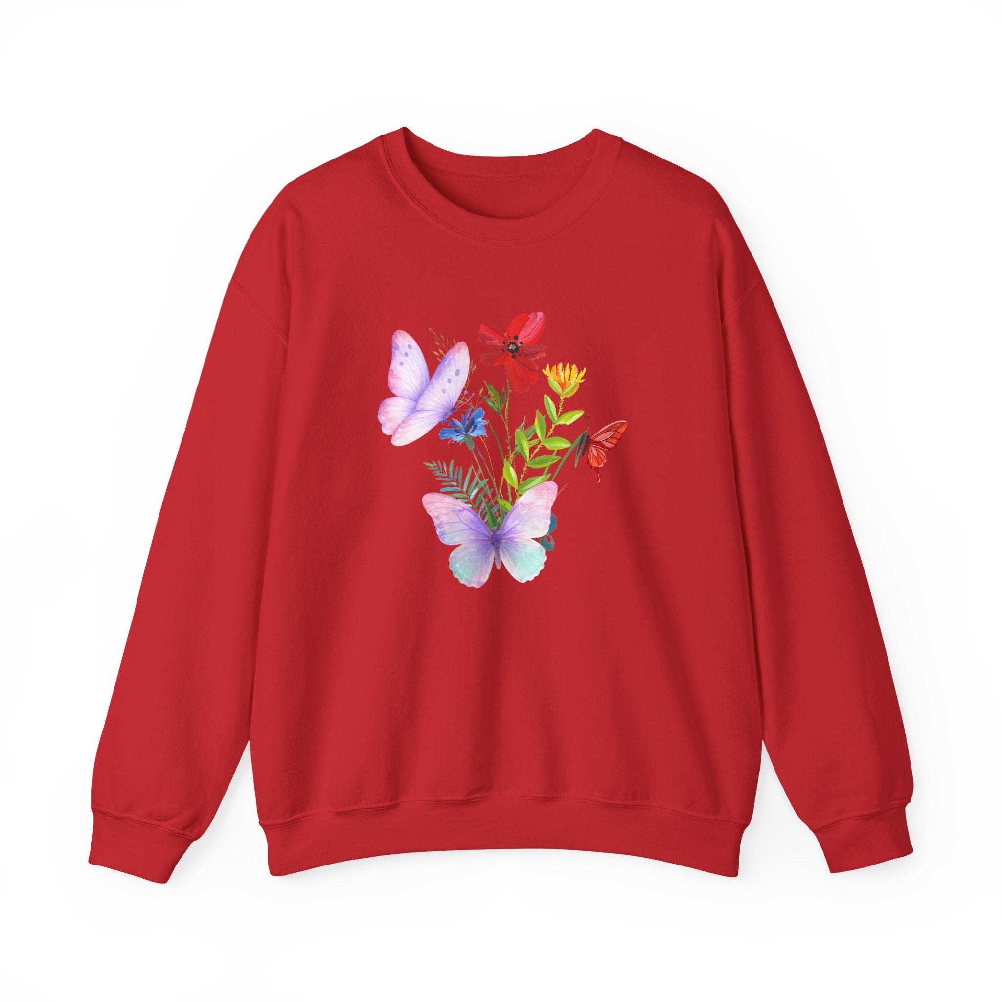 Red sweatshirt with butterfly and floral design on a white background