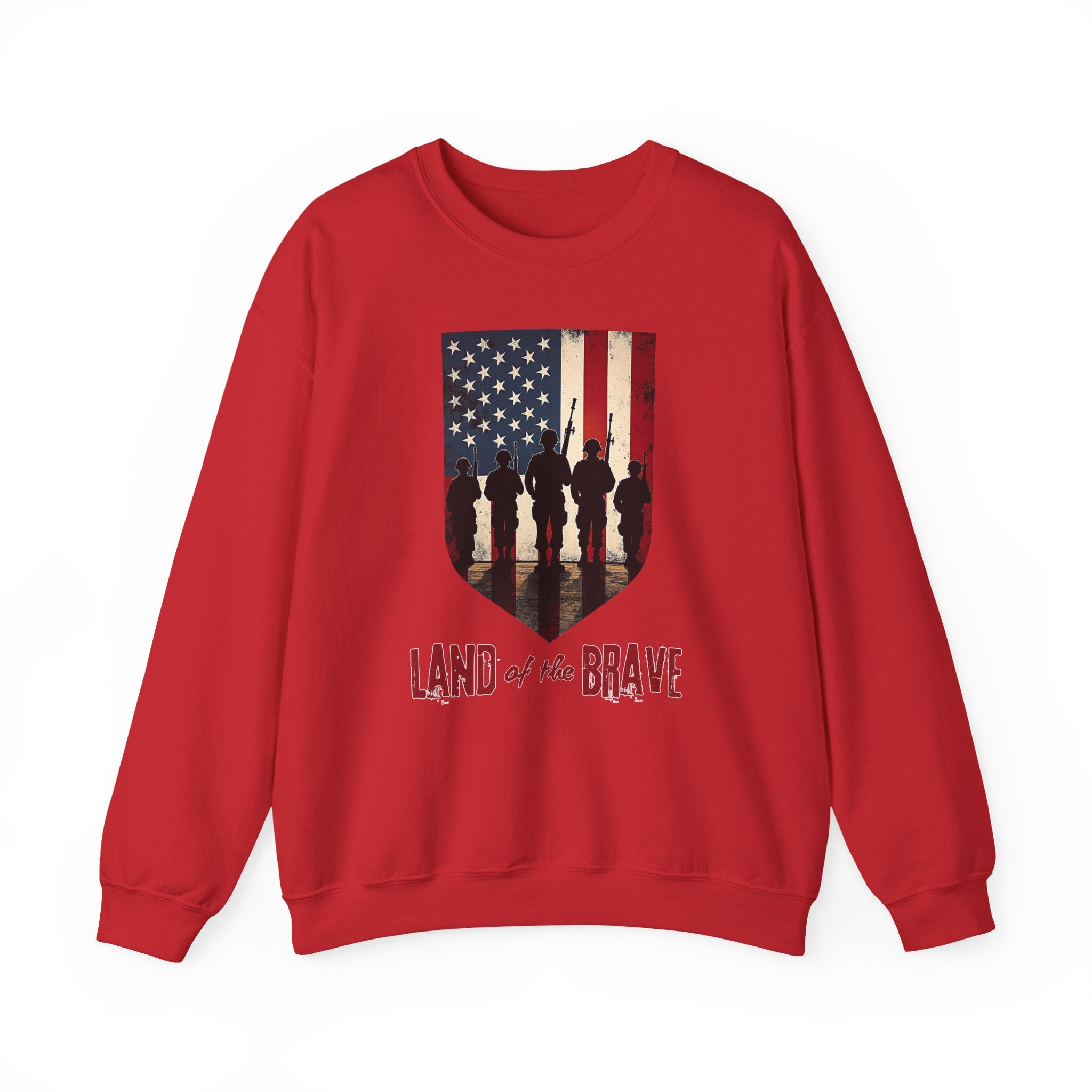 Red sweatshirt with American flag and silhouette design on a white background