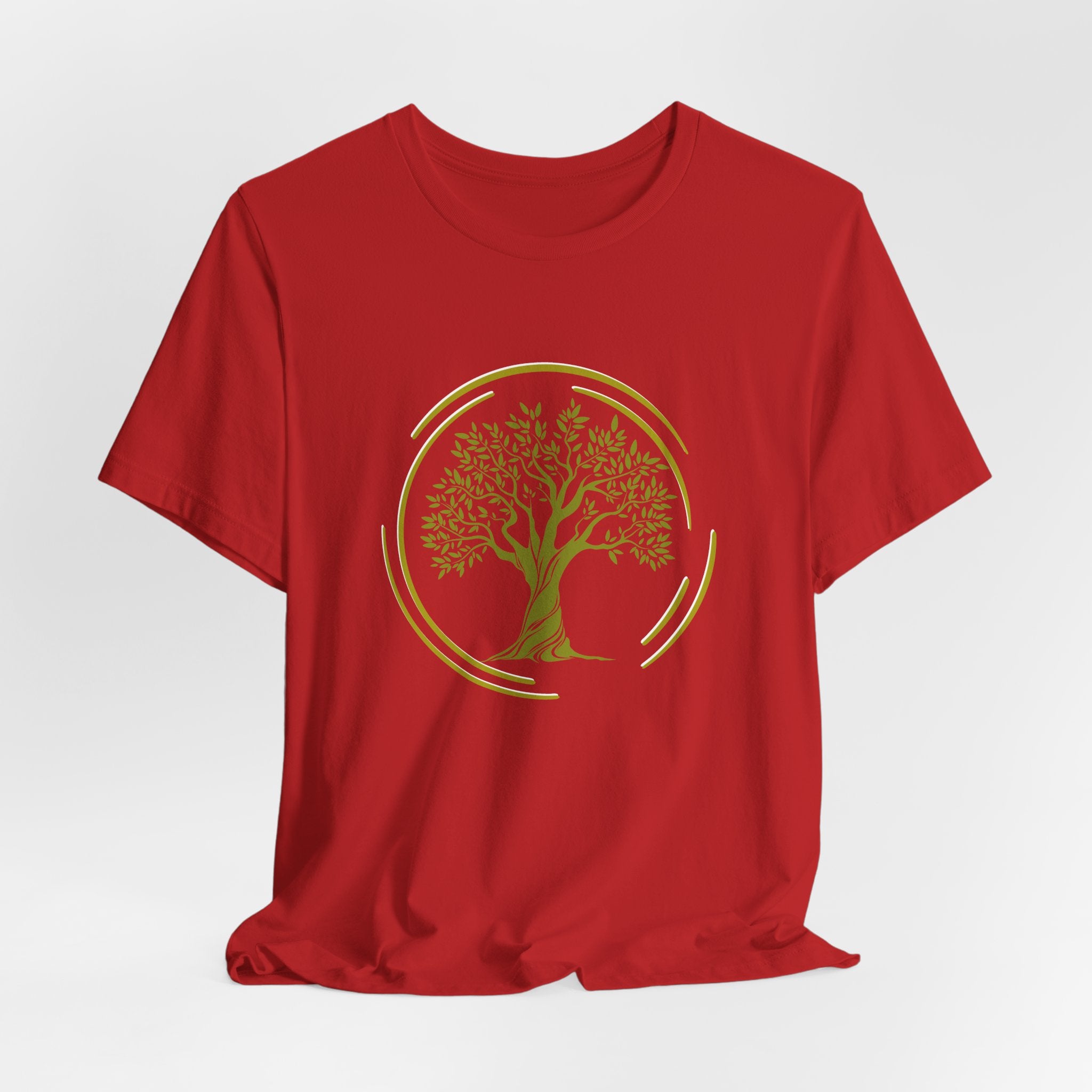 Red t-shirt with a gold tree design on a white background