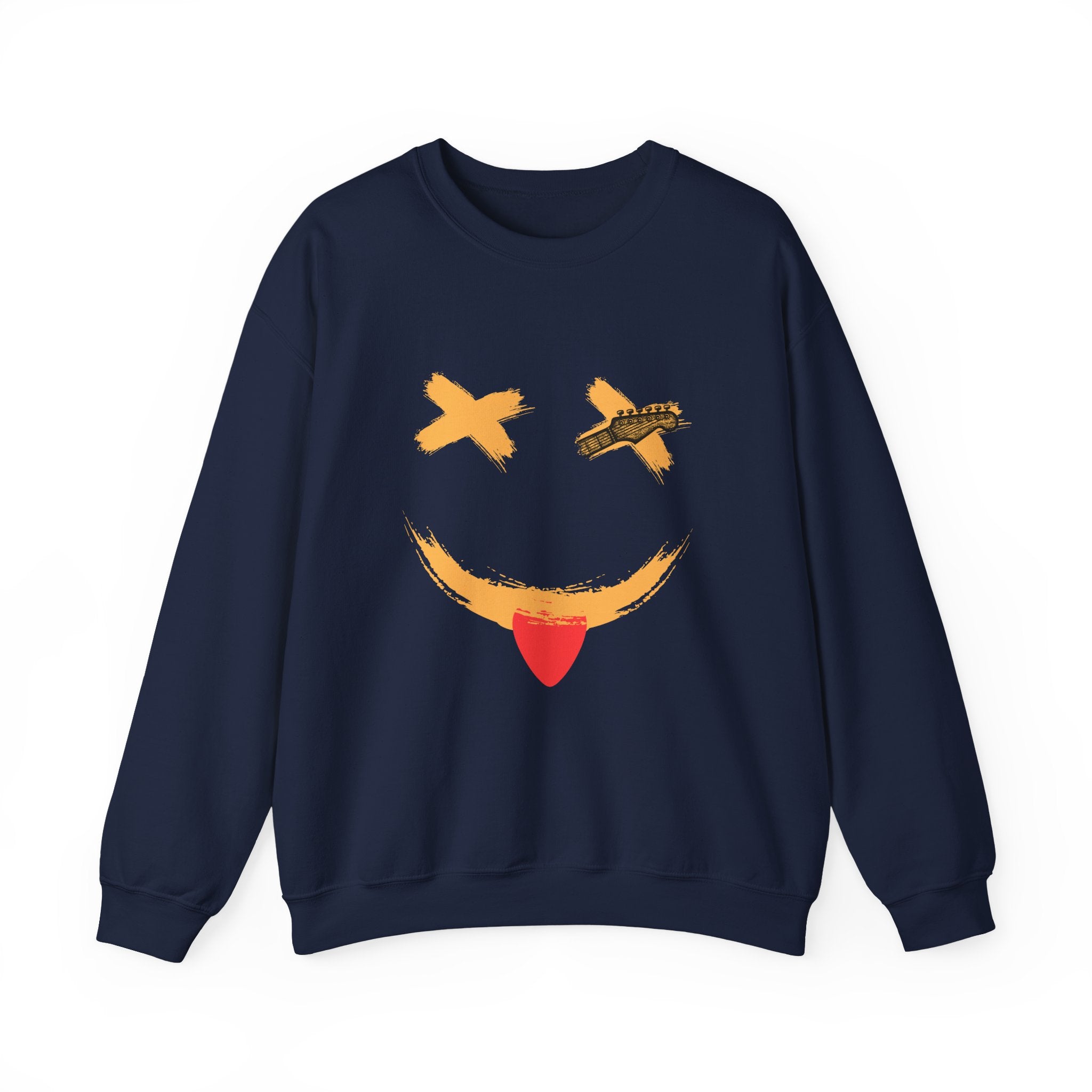 Navy blue sweatshirt with a smiley face design on a white background