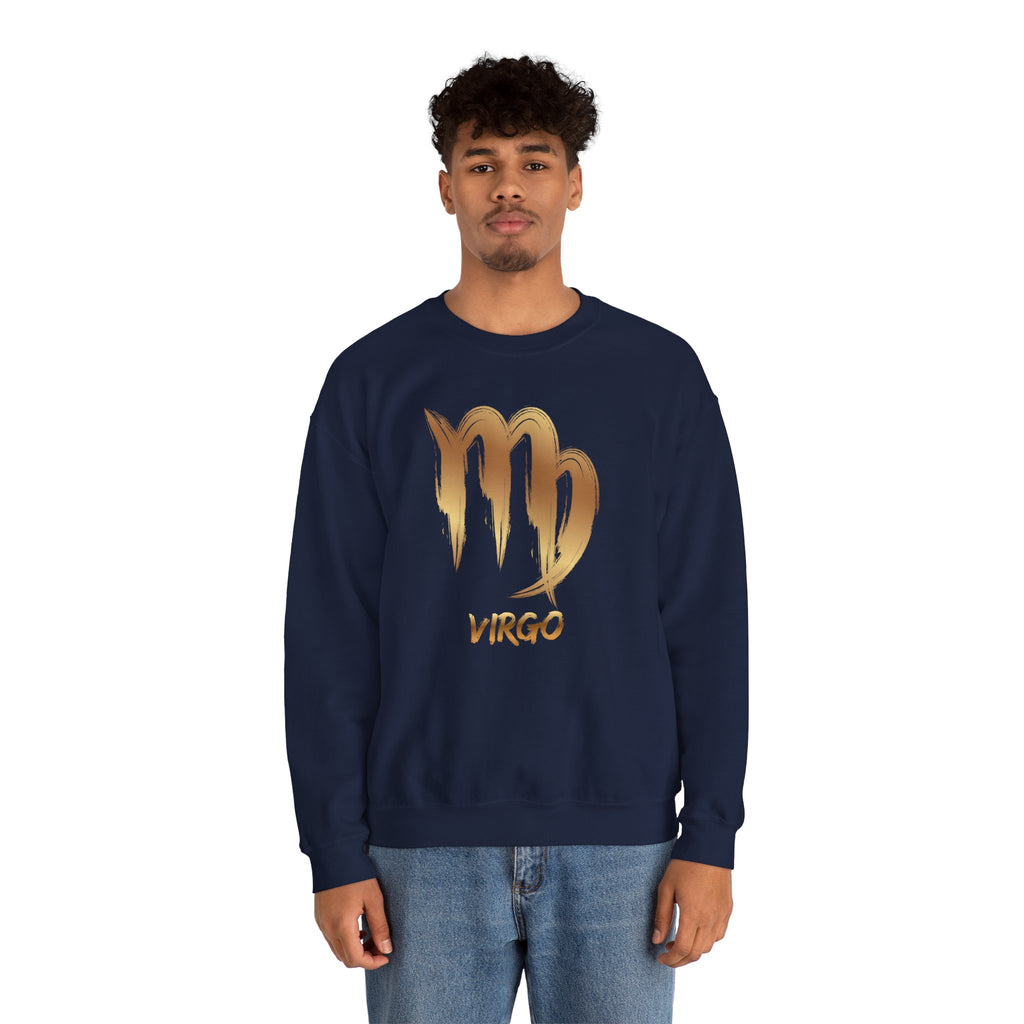 Person wearing a navy blue sweatshirt with 'Virgo' and a gold zodiac sign design on a white background