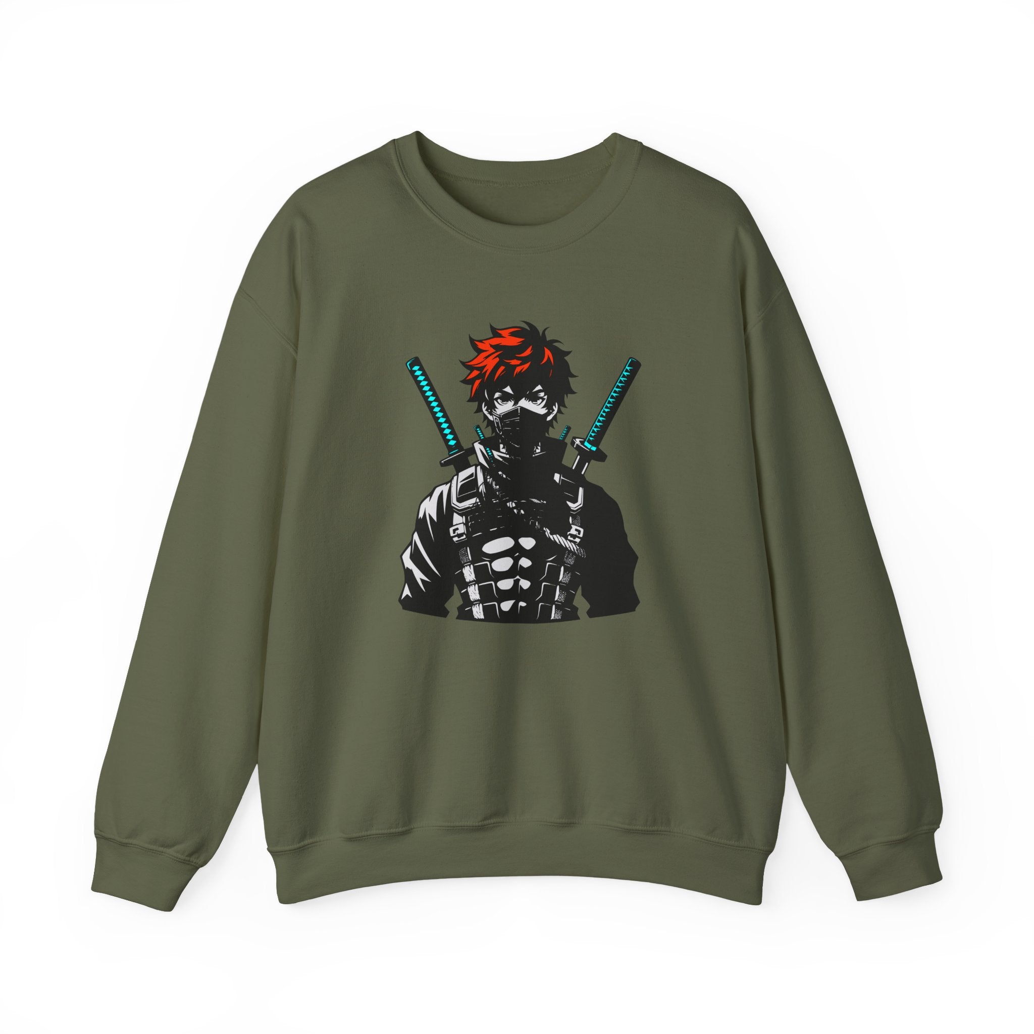 Green sweatshirt with a graphic design of a character holding swords on a white background