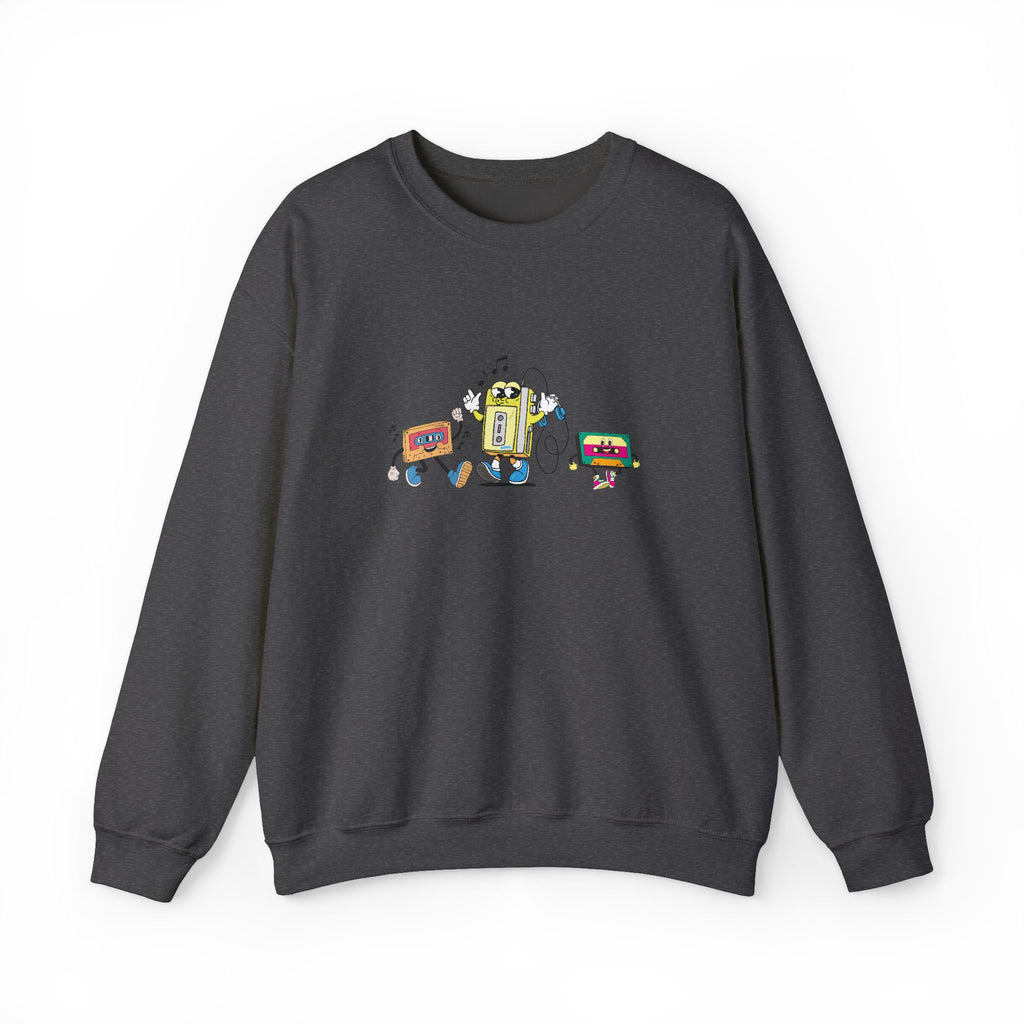 Dark gray sweatshirt with colorful graphic on a white background
