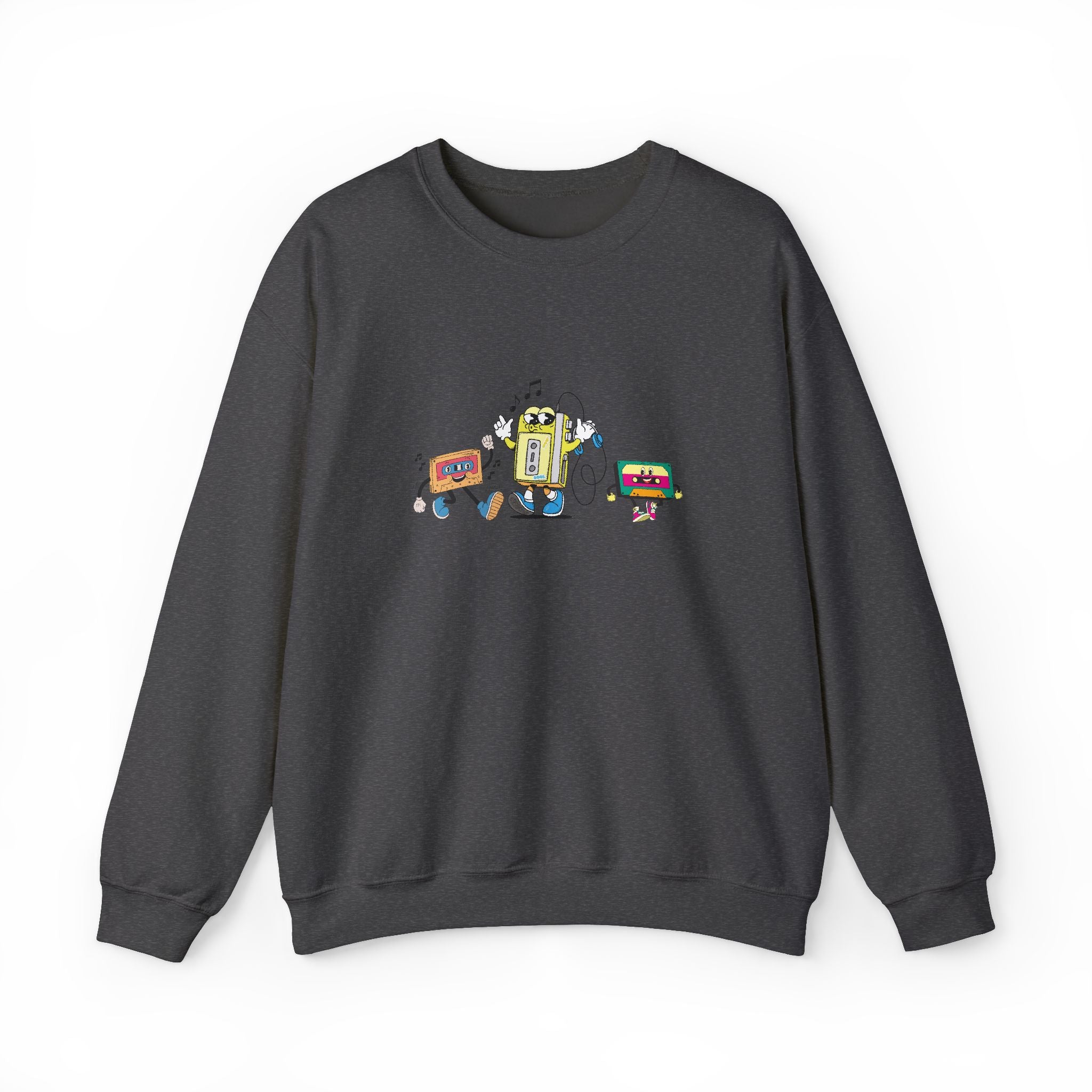 Dark gray sweatshirt with colorful graphic on a white background