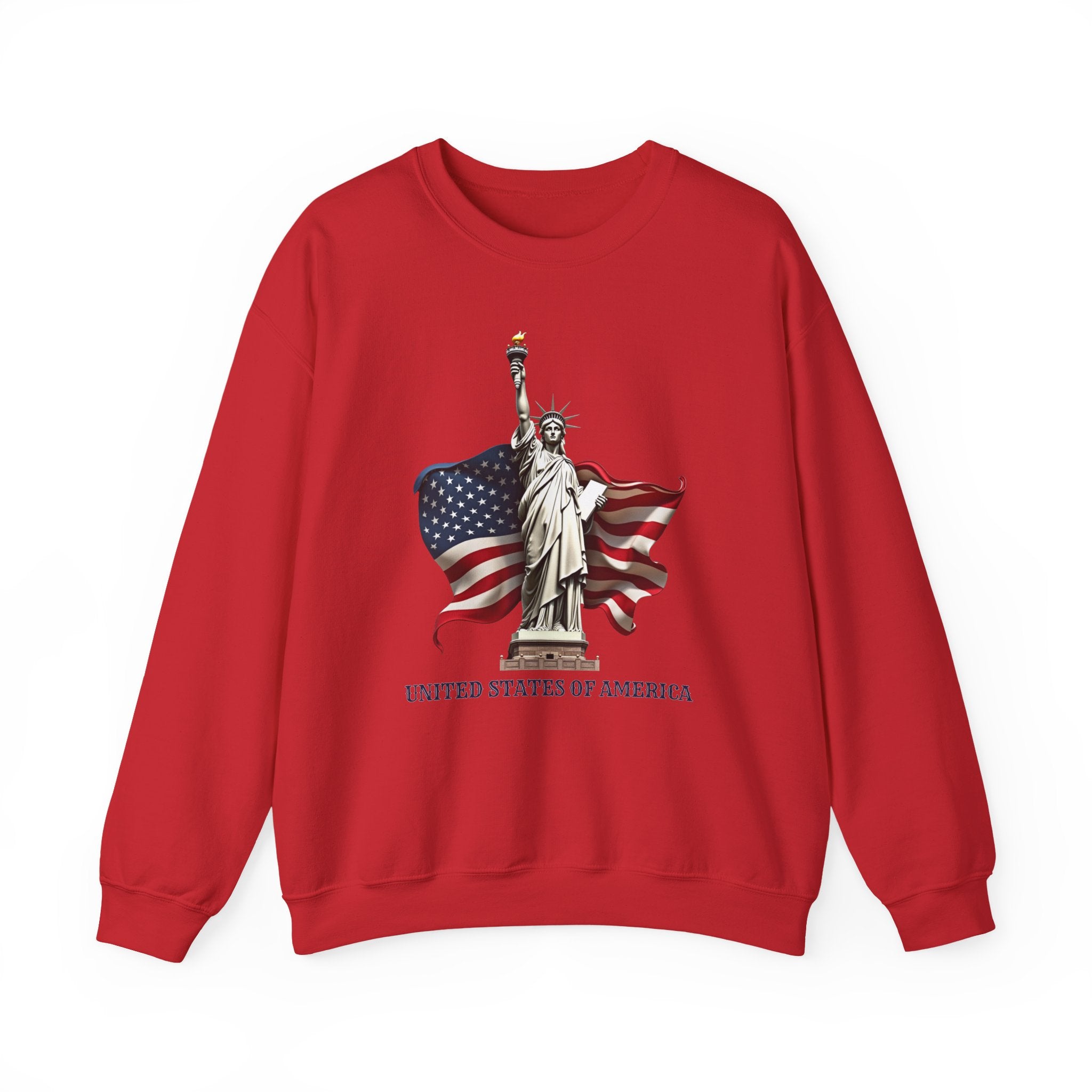 Red sweatshirt with Statue of Liberty and American flag design on a white background
