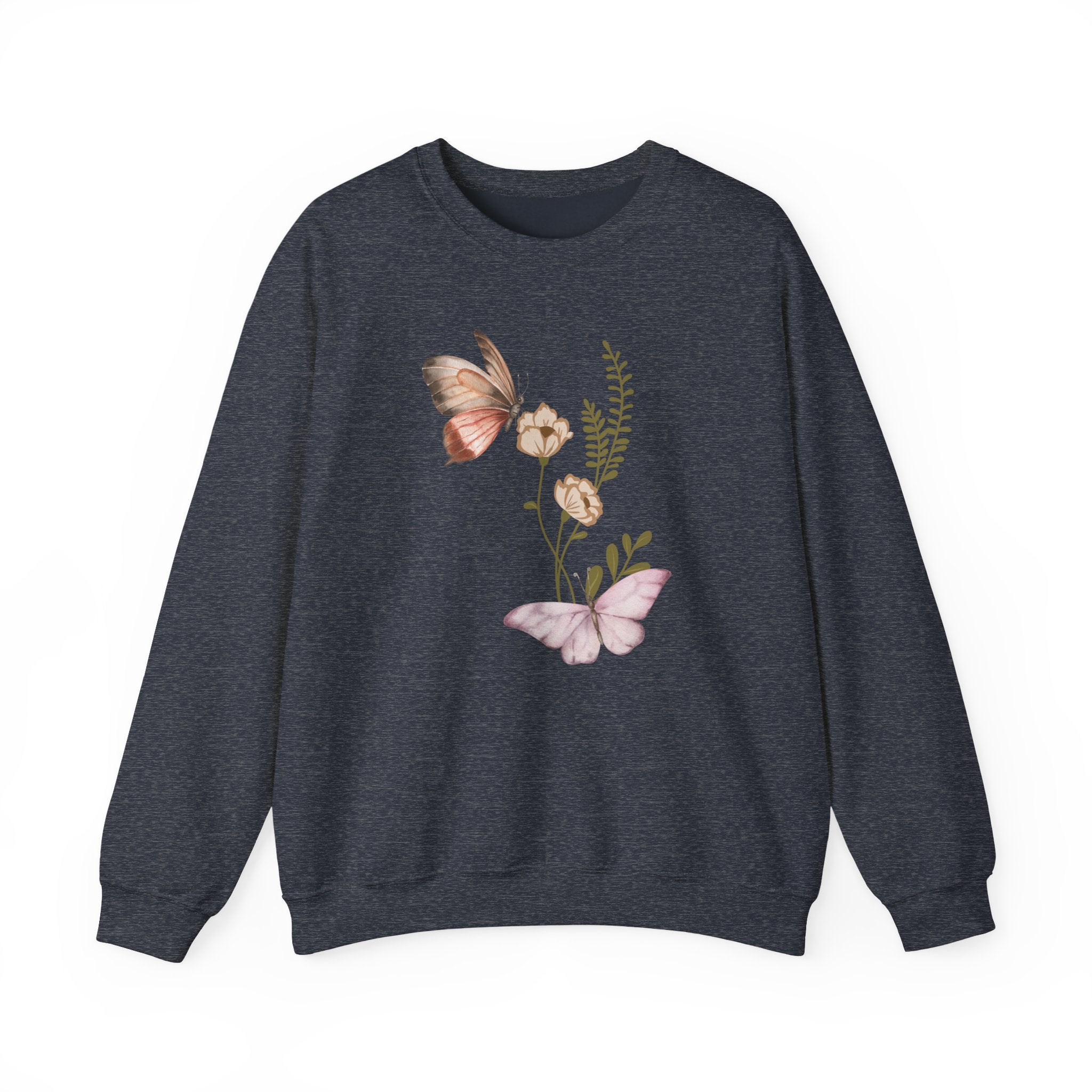 Dark navy sweatshirt with butterfly and floral design on a white background