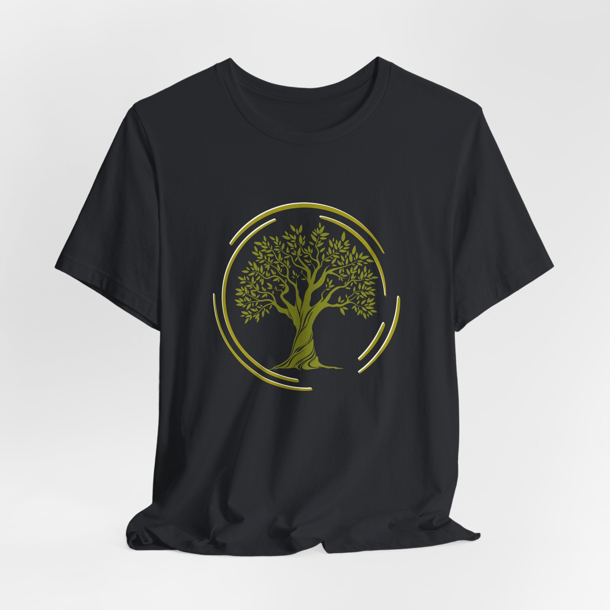 Black t-shirt with a graphic of tree inside the circle on a white background