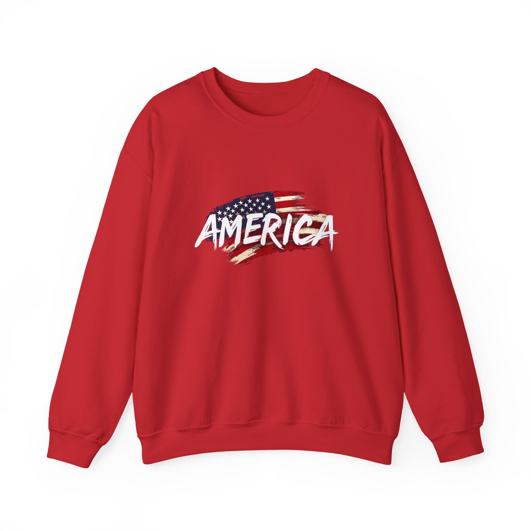 Red sweatshirt with 'AMERICA' and an American flag design on a white background
