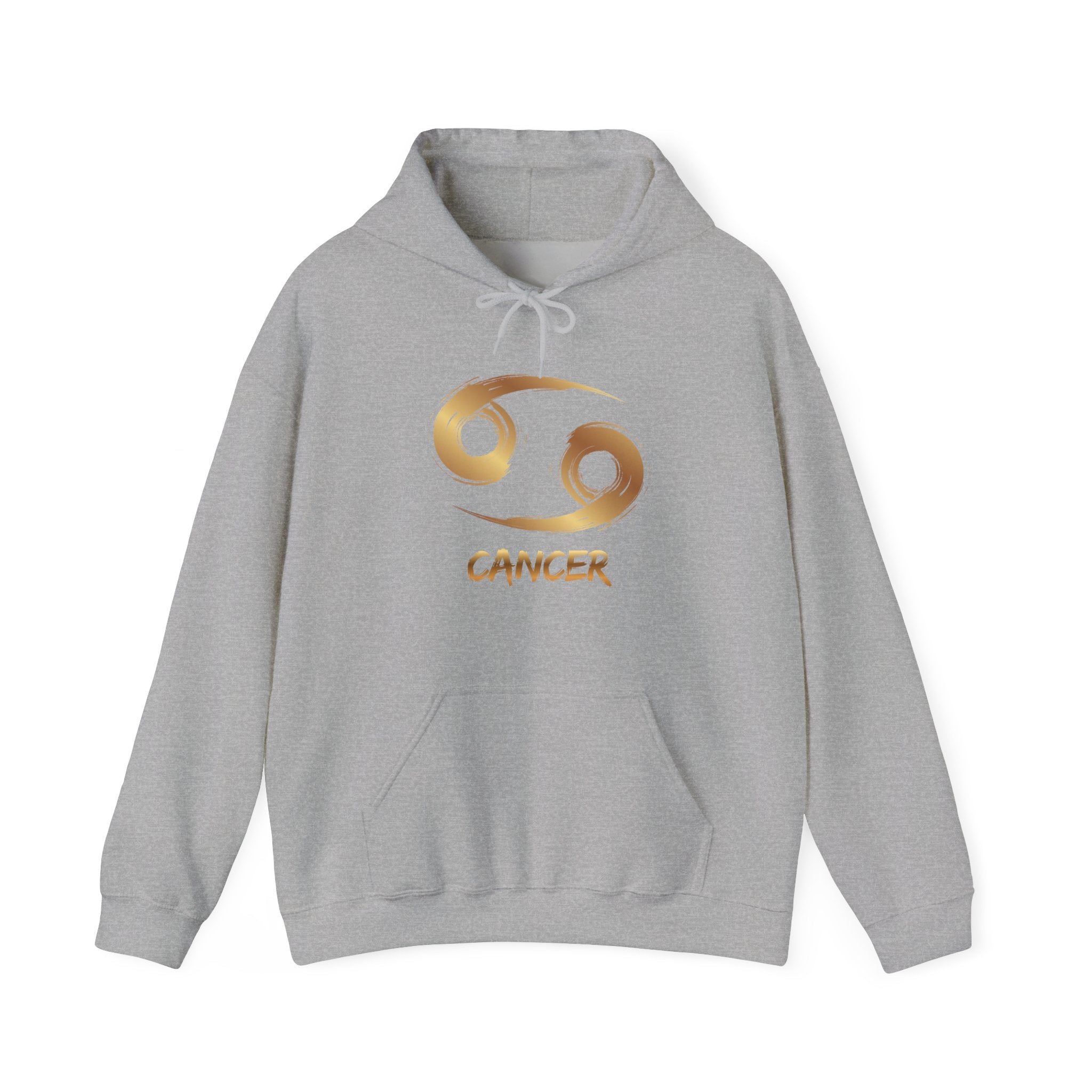 Gray hoodie with gold Cancer zodiac symbol on a white background