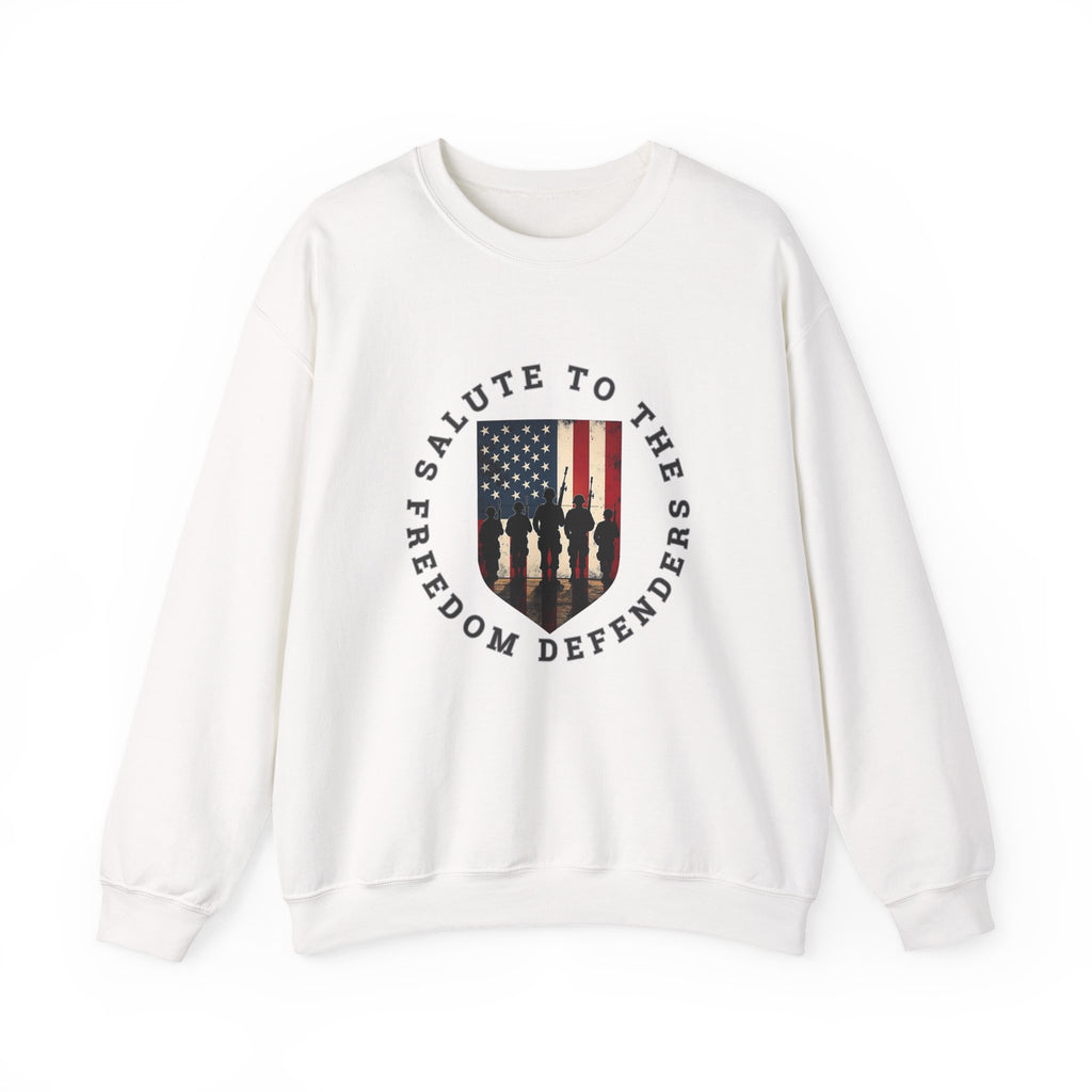 White sweatshirt with graphic design and text on a white background
