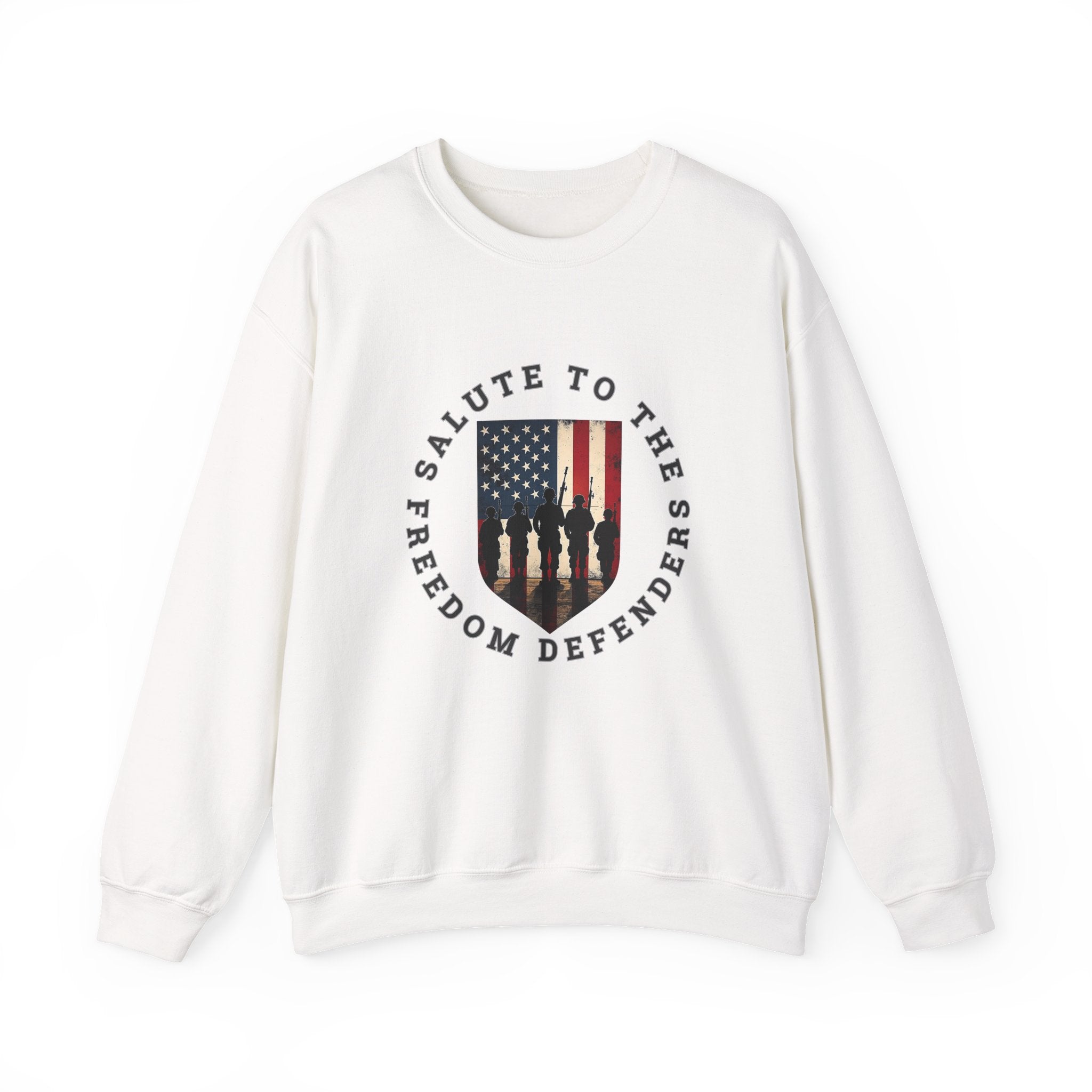 White sweatshirt with graphic design and text on a white background
