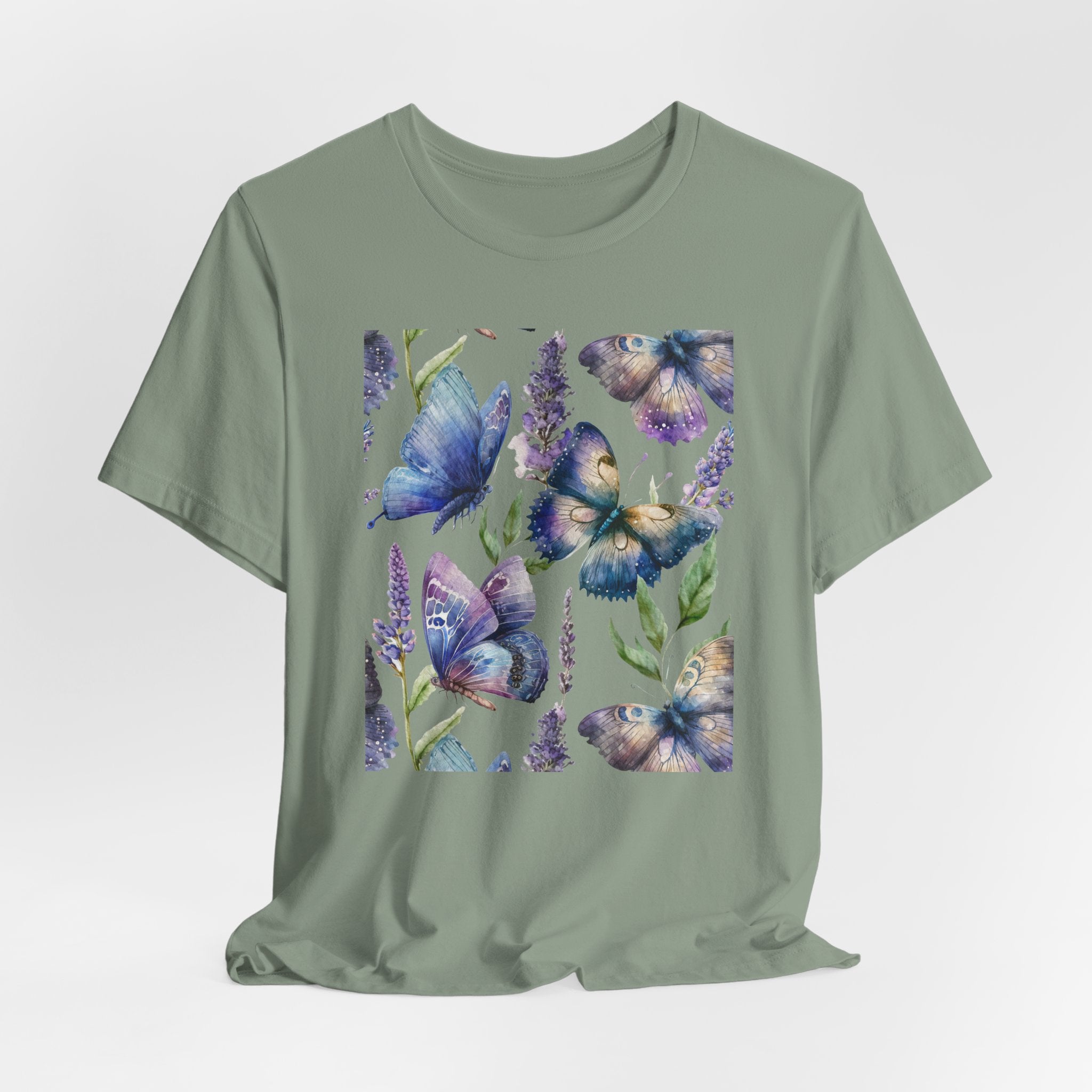 Green t-shirt with butterfly and lavender design on a white background
