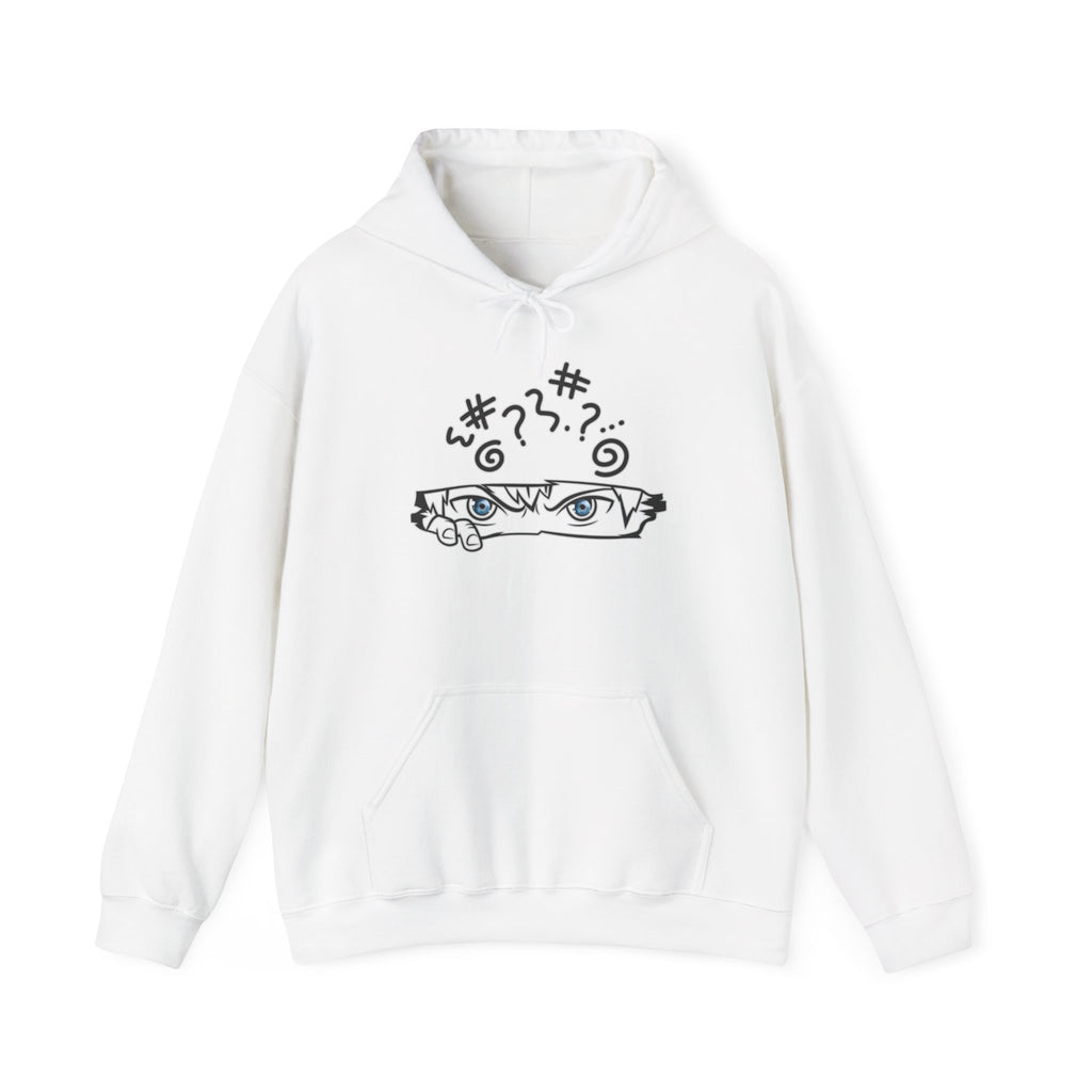 White hoodie with a graphic anime design against a white background