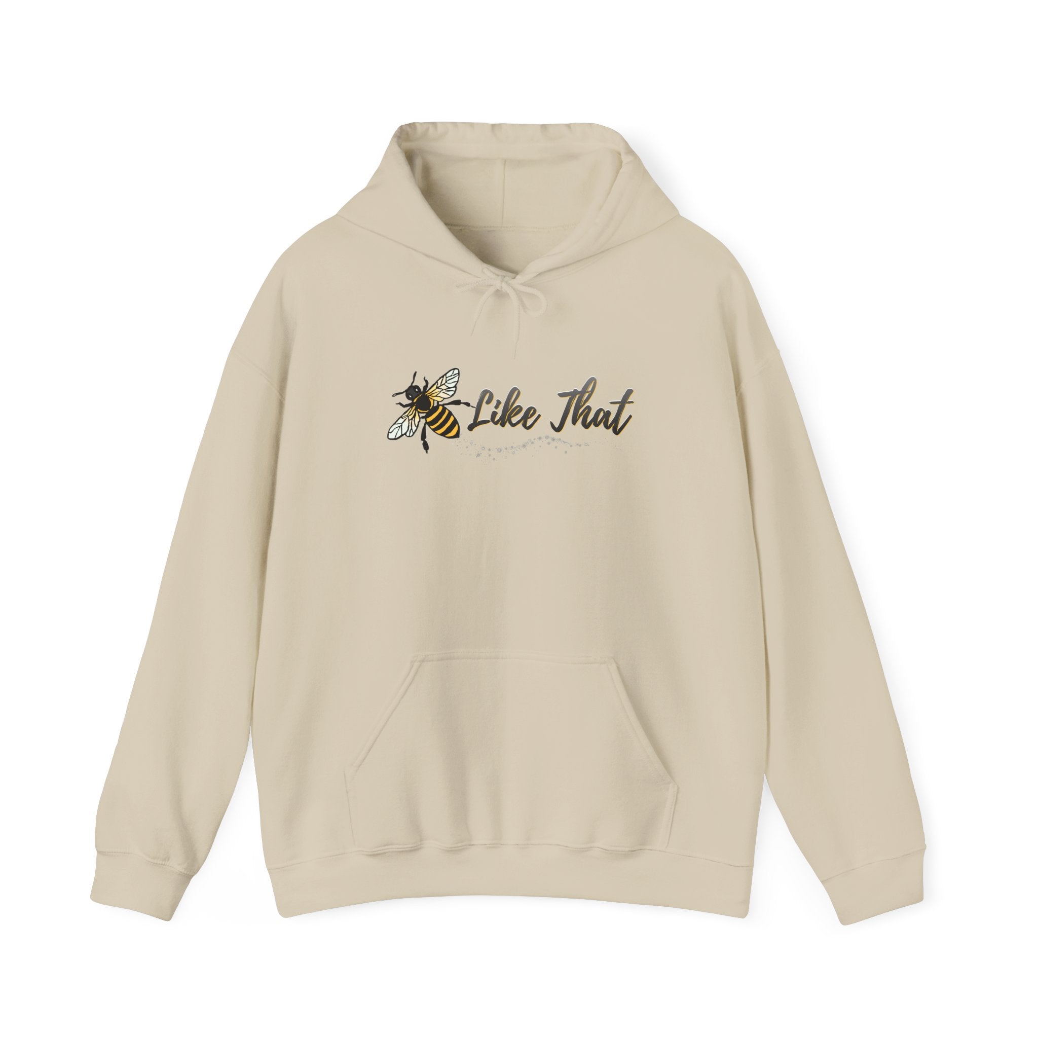 Beige hoodie with a bee and text "Like  That" design on a white background