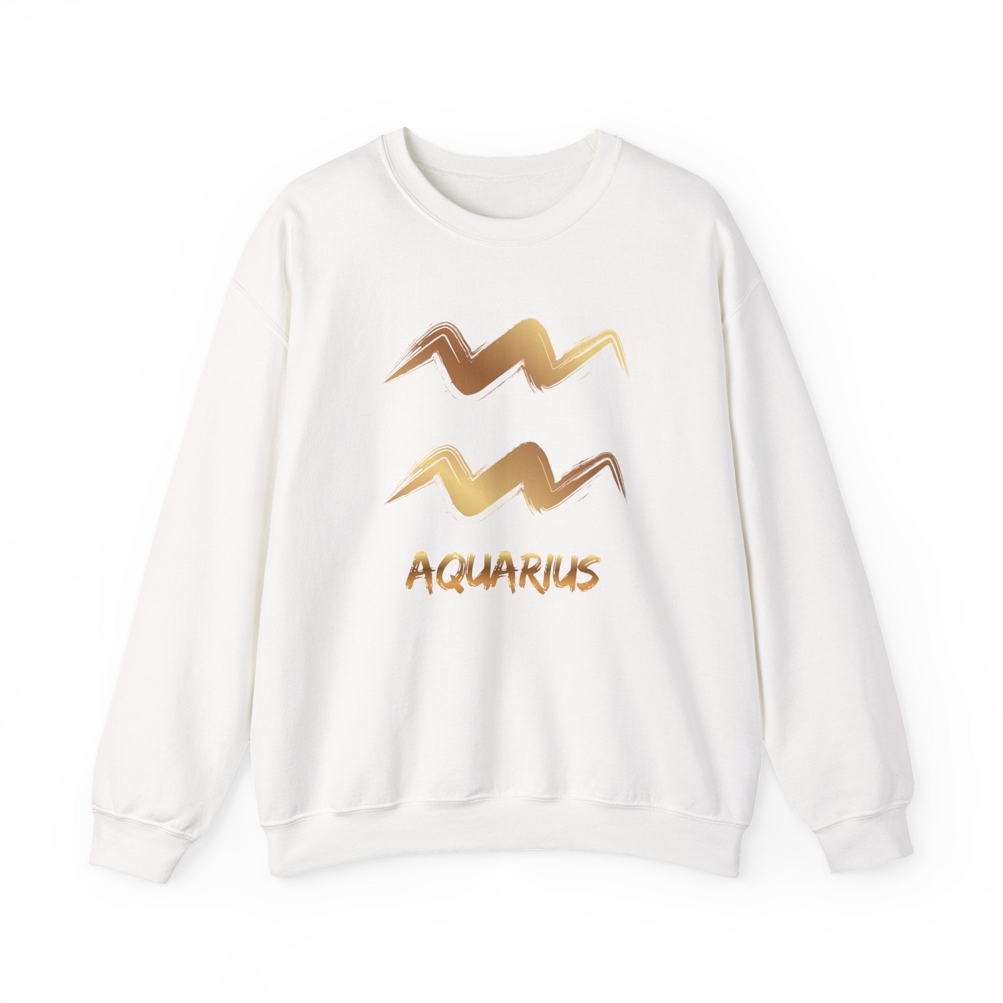 White sweatshirt with gold Aquarius design on a white background