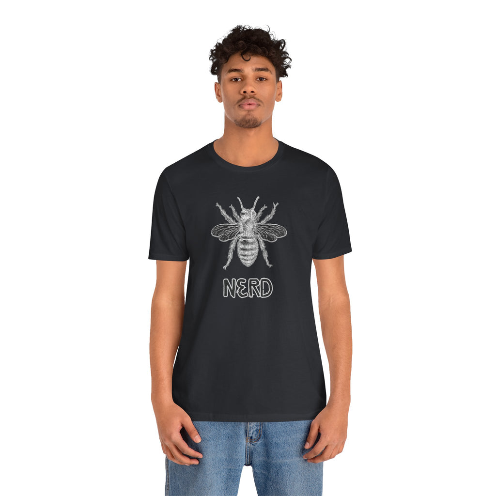 Person wearing a black t-shirt with a bee and 'NERD' graphic on a white background