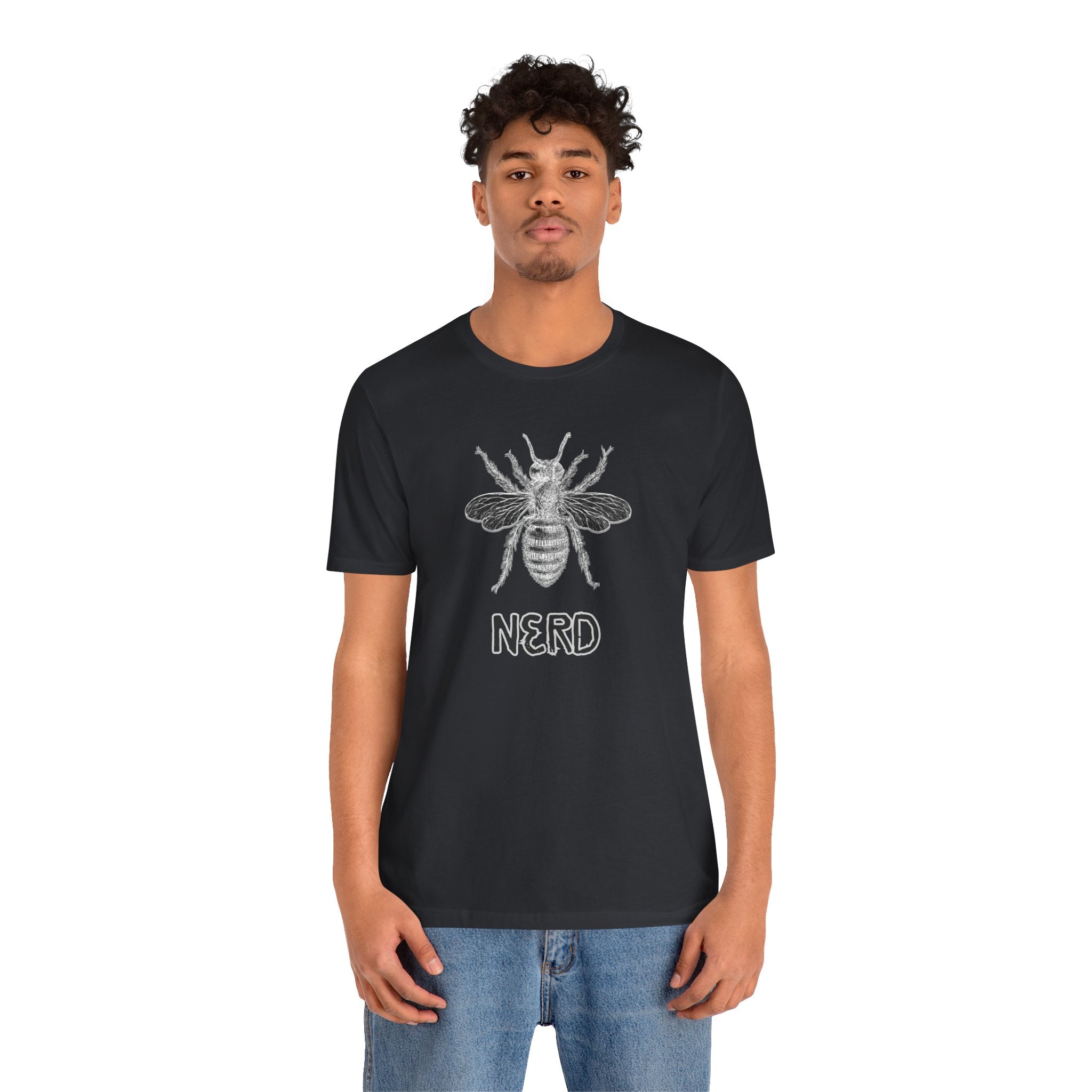 Person wearing a black t-shirt with a bee and 'NERD' graphic on a white background