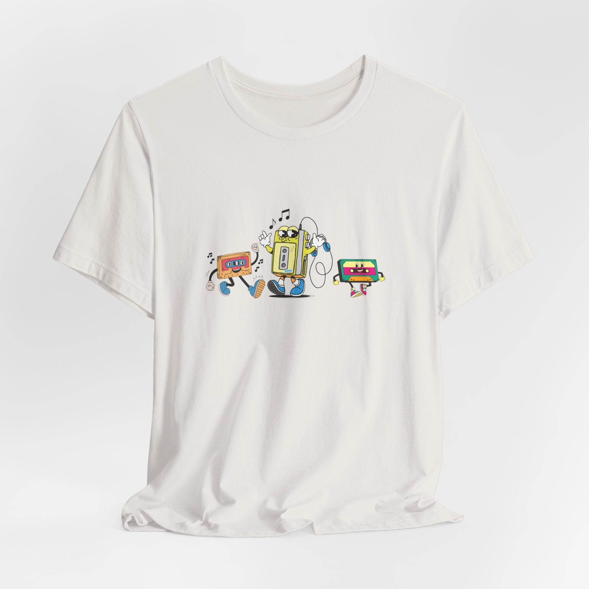 White t-shirt with colorful graphic design on a light gray background
