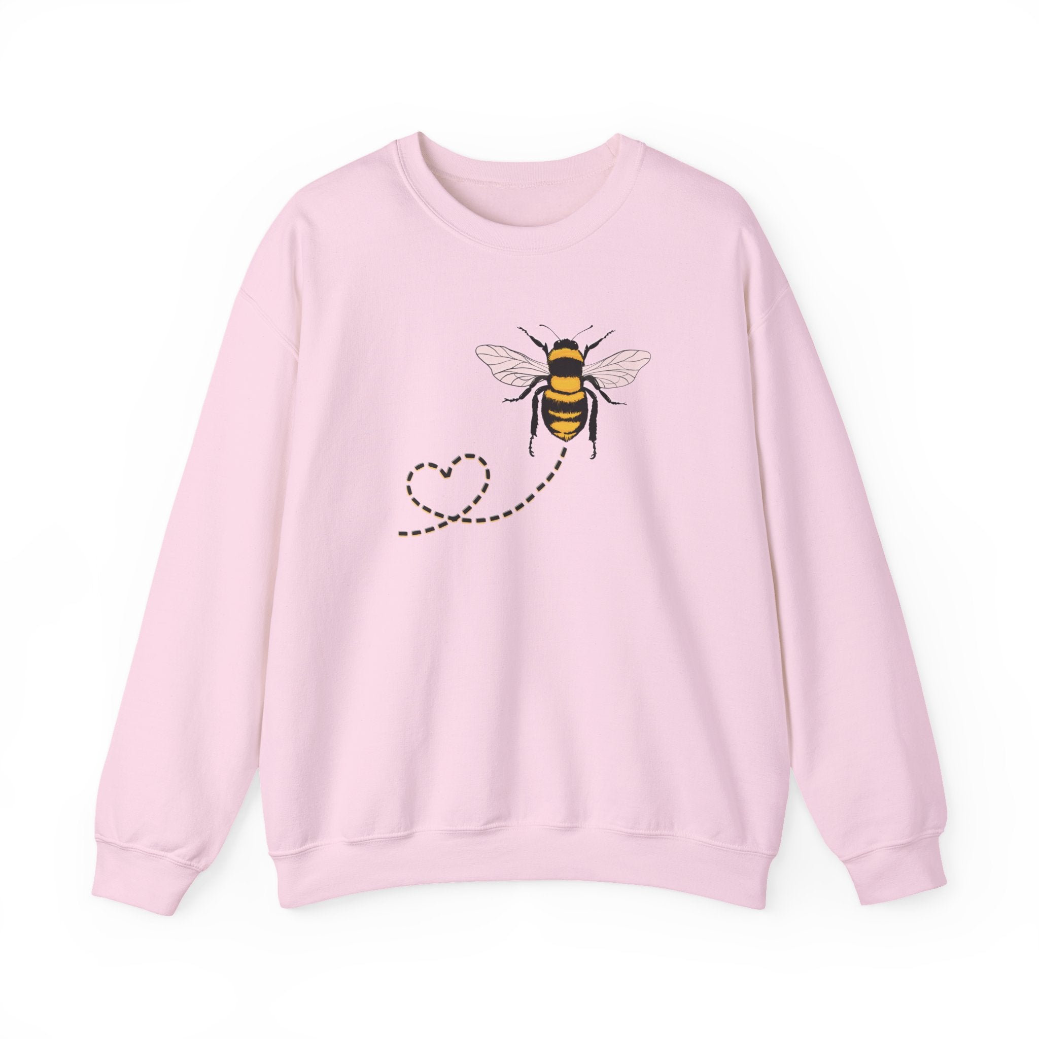 Pink sweatshirt with a bee and dotted heart design on a white background