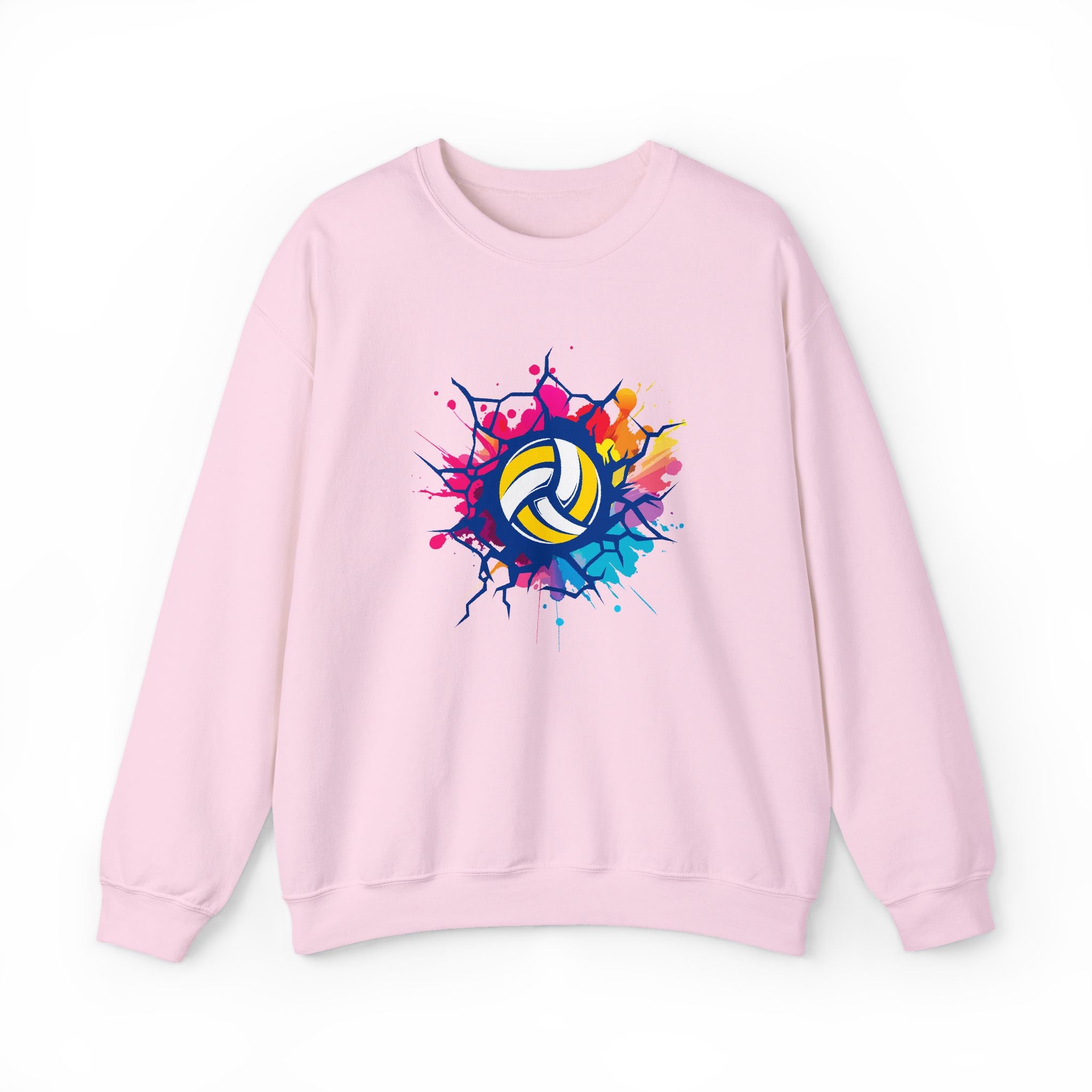 Pink sweatshirt with a colorful volleyball design on a white background