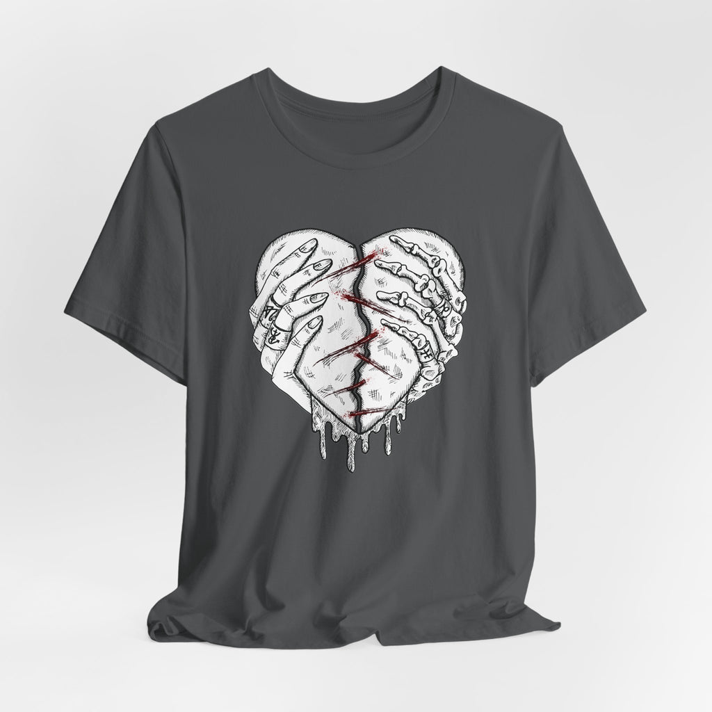 Black t-shirt with a graphic design of two hands holding a heart on a white background