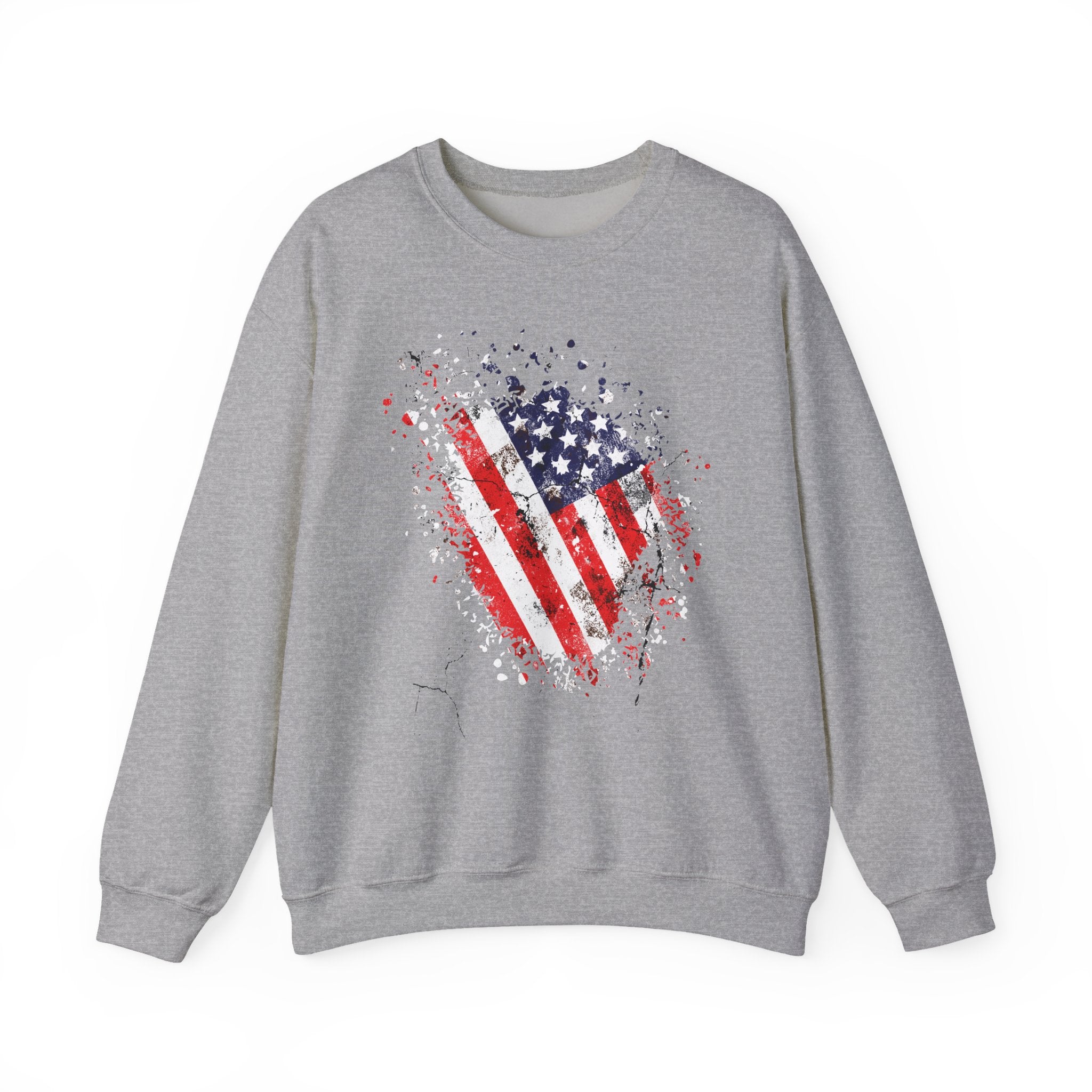 Gray sweatshirt with American flag graphic on a white background