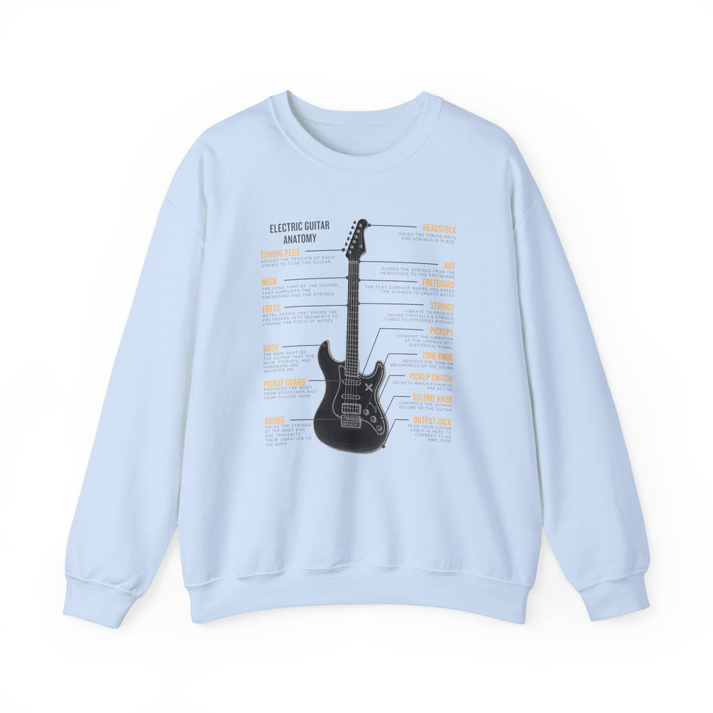 Light blue sweatshirt with a electric guitar anatomy diagram design on a white background