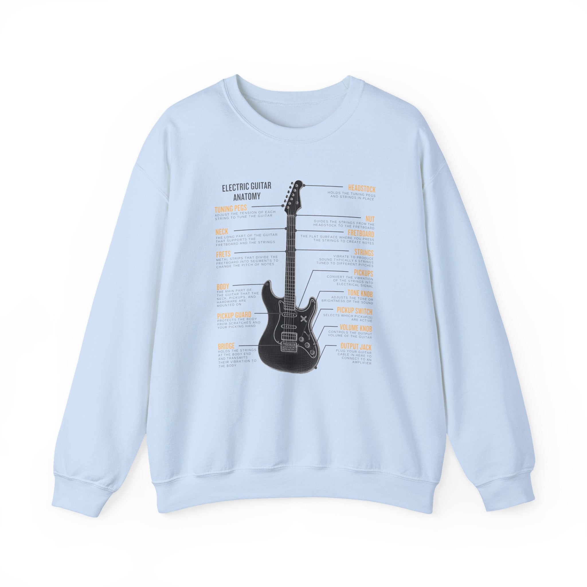 Light blue sweatshirt with a electric guitar anatomy diagram design on a white background