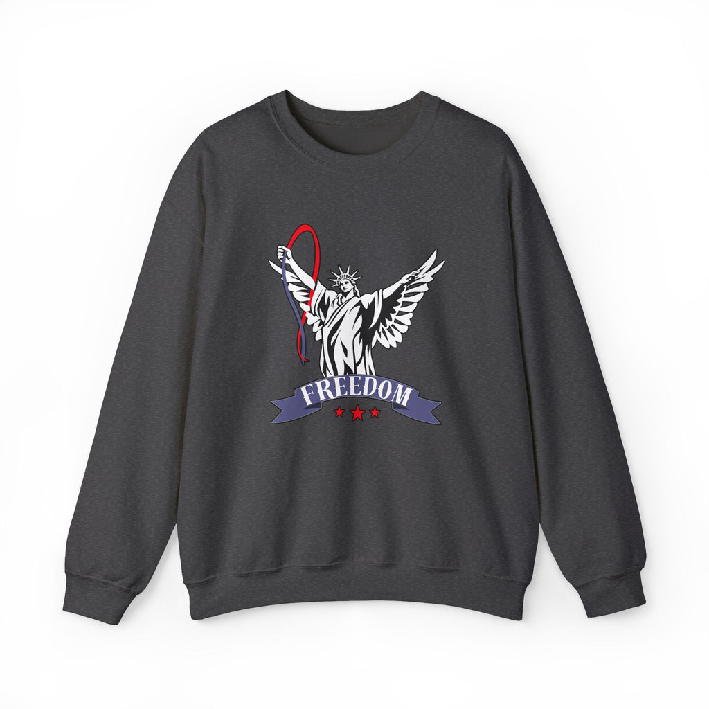 Dark gray sweatshirt with a graphic design of the Statue of Liberty and 'Freedom' text on a white background.