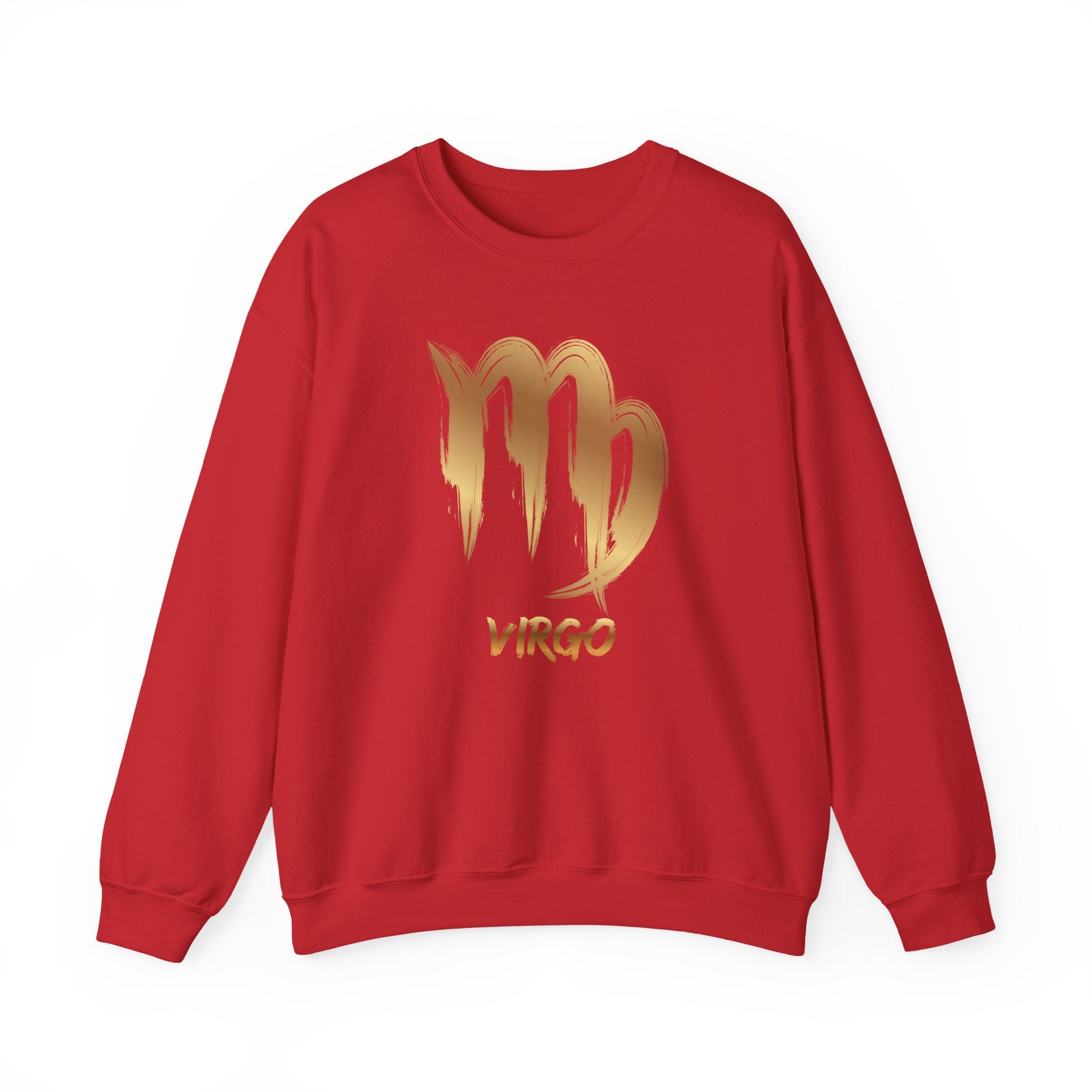 Red sweatshirt with gold Virgo zodiac sign design on a white background