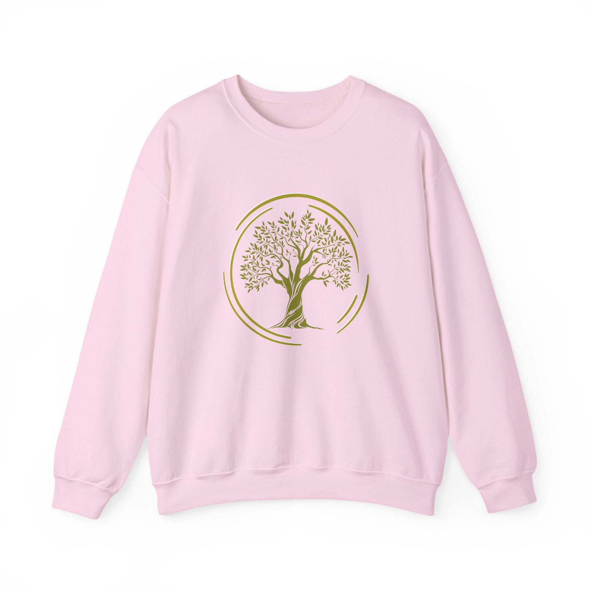 Pink sweatshirt with a green tree design on a white background