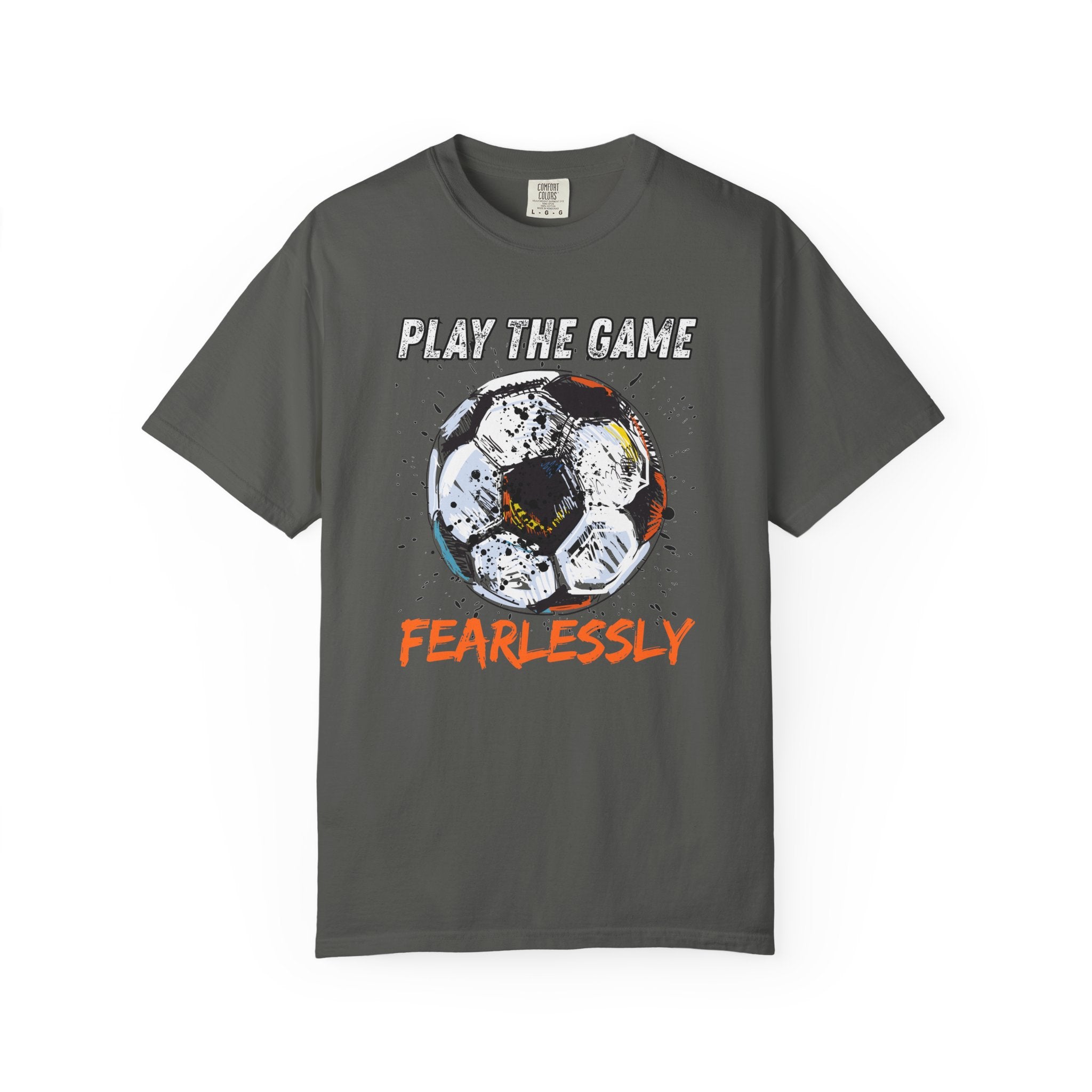 Grey t-shirt with dirty soccer ball graphic and play the game fearlessly text on a white background