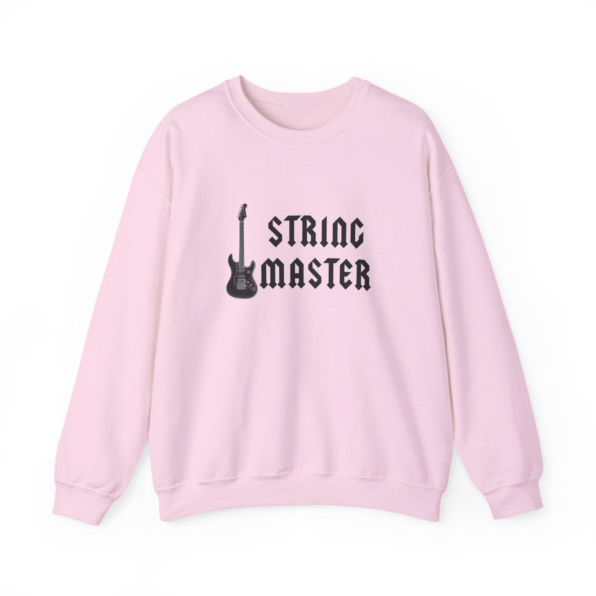 Pink sweatshirt with 'String Master' text and guitar graphic on a white background
