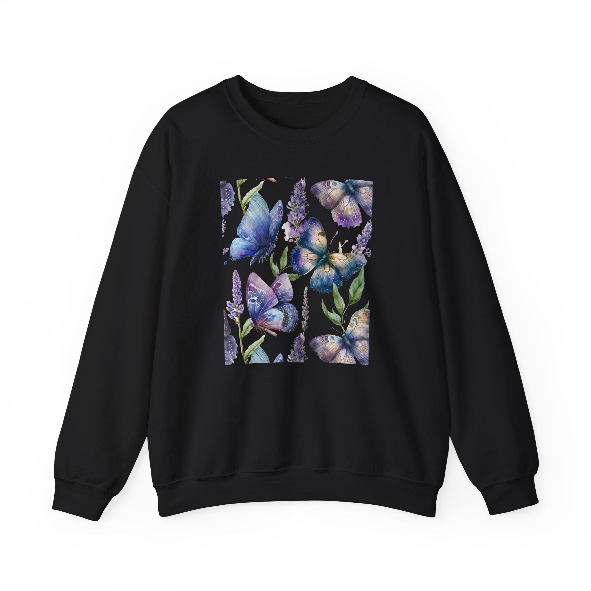 Black sweatshirt with floral design on a white background