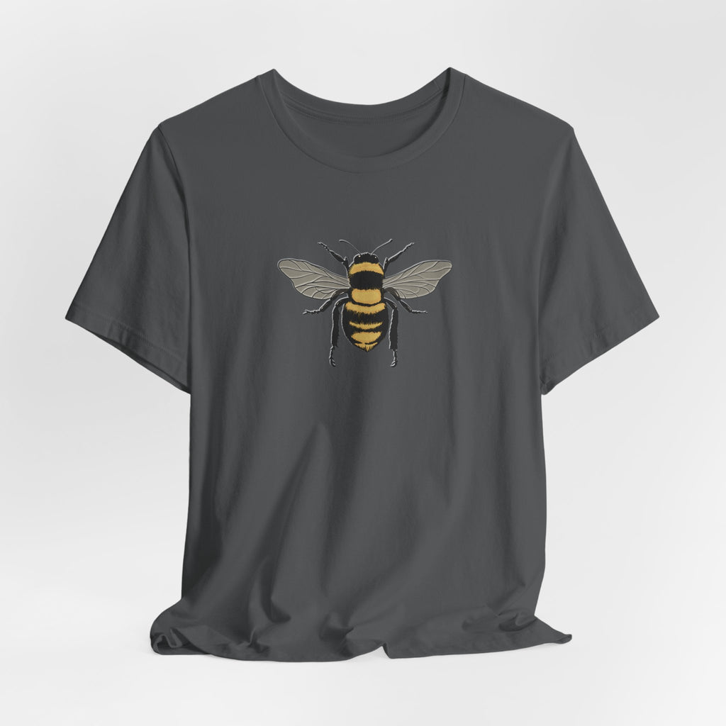 Gray t-shirt with a bee design on a light gray background