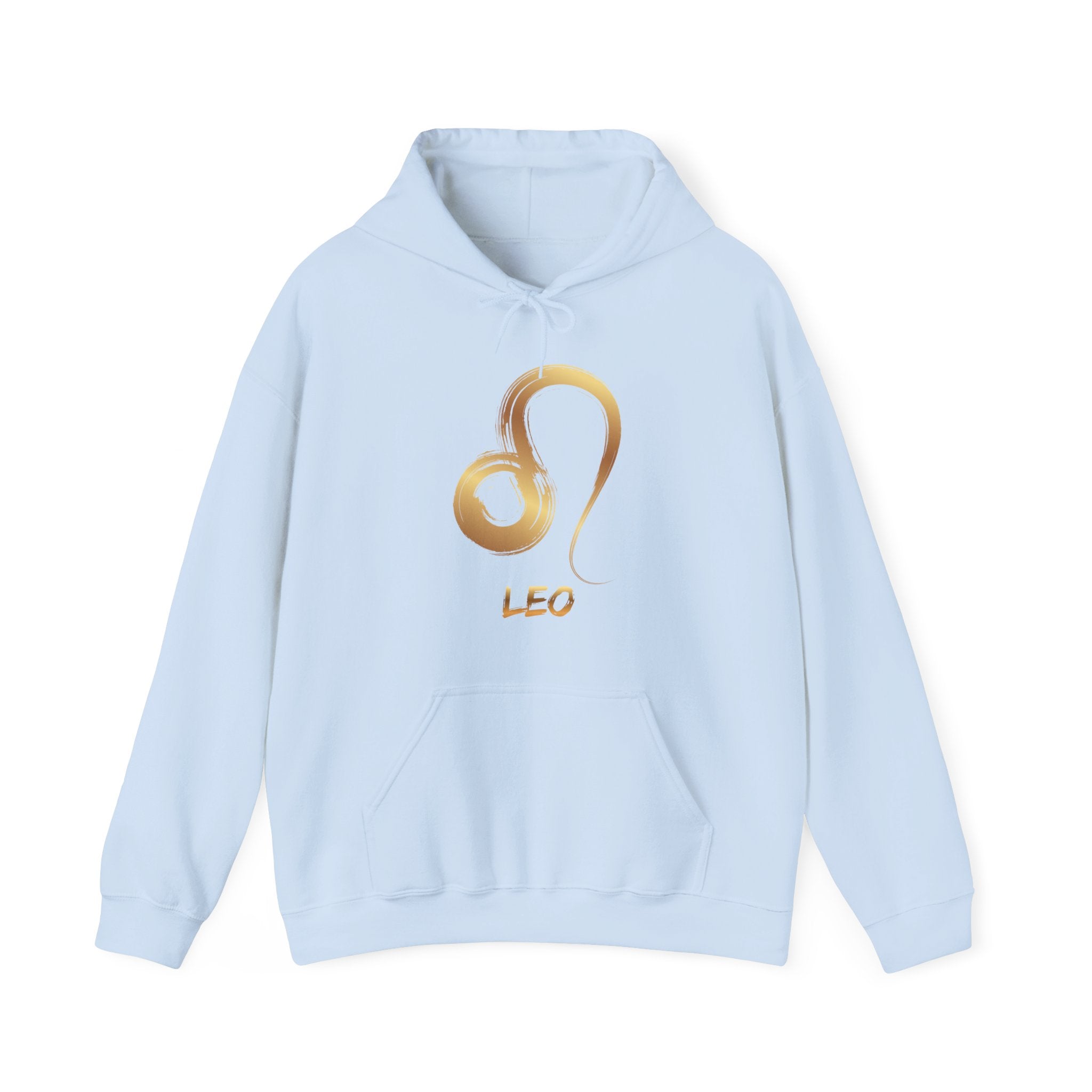 Light blue hoodie with gold Leo symbol and text on a white background