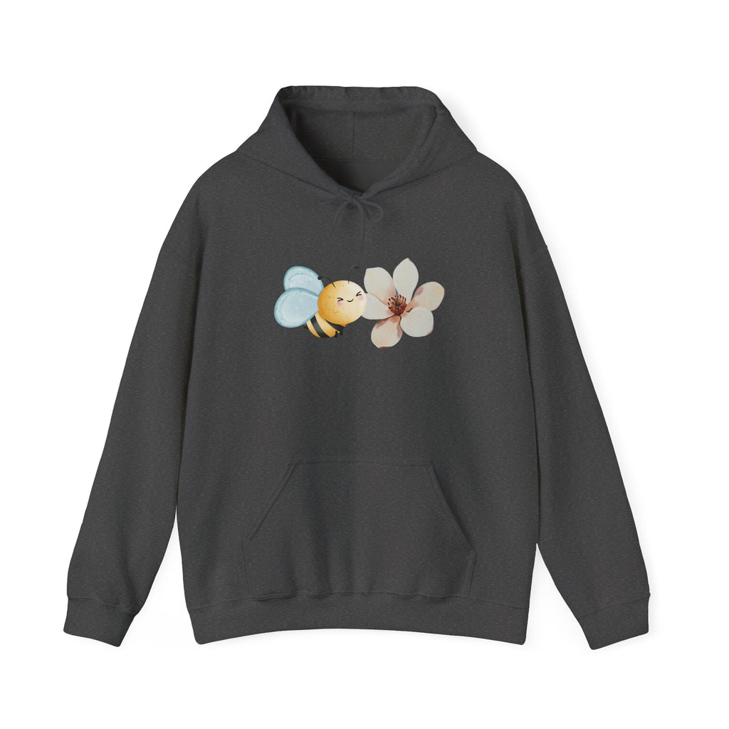 Dark gray hoodie with a flower and bee design on a white background