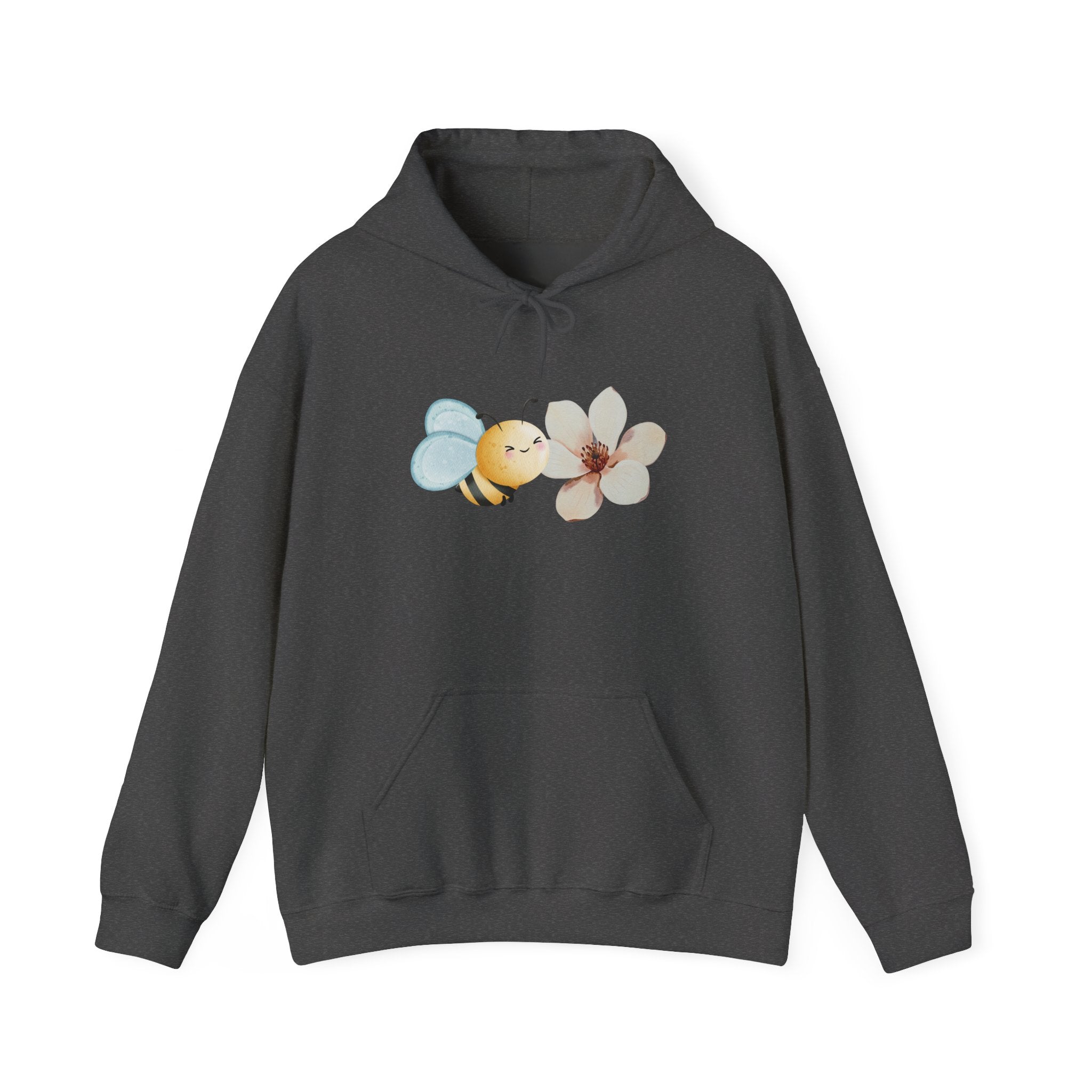 Dark gray hoodie with a flower and bee design on a white background