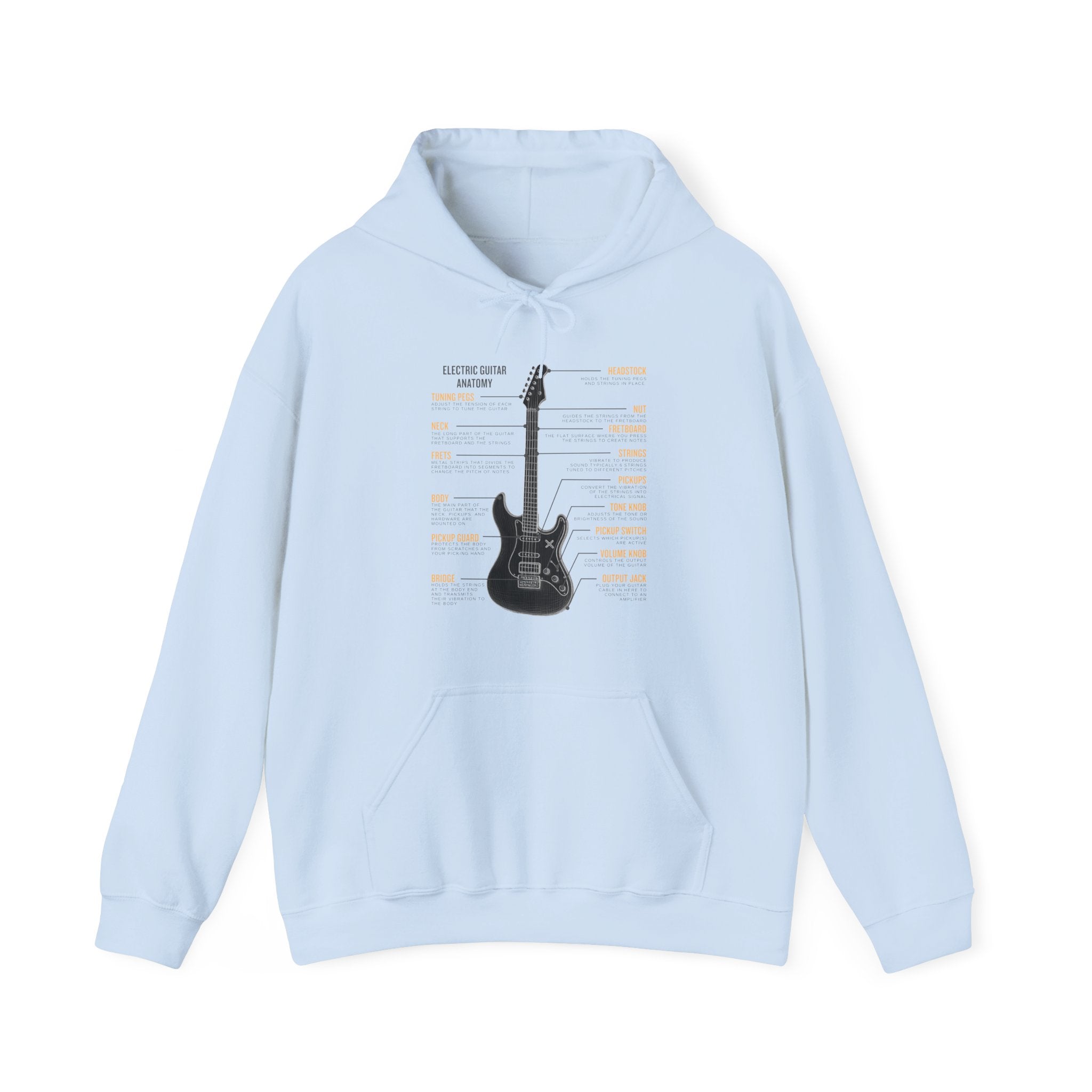 Light blue hoodie with electric guitar graphic and texts on a white 