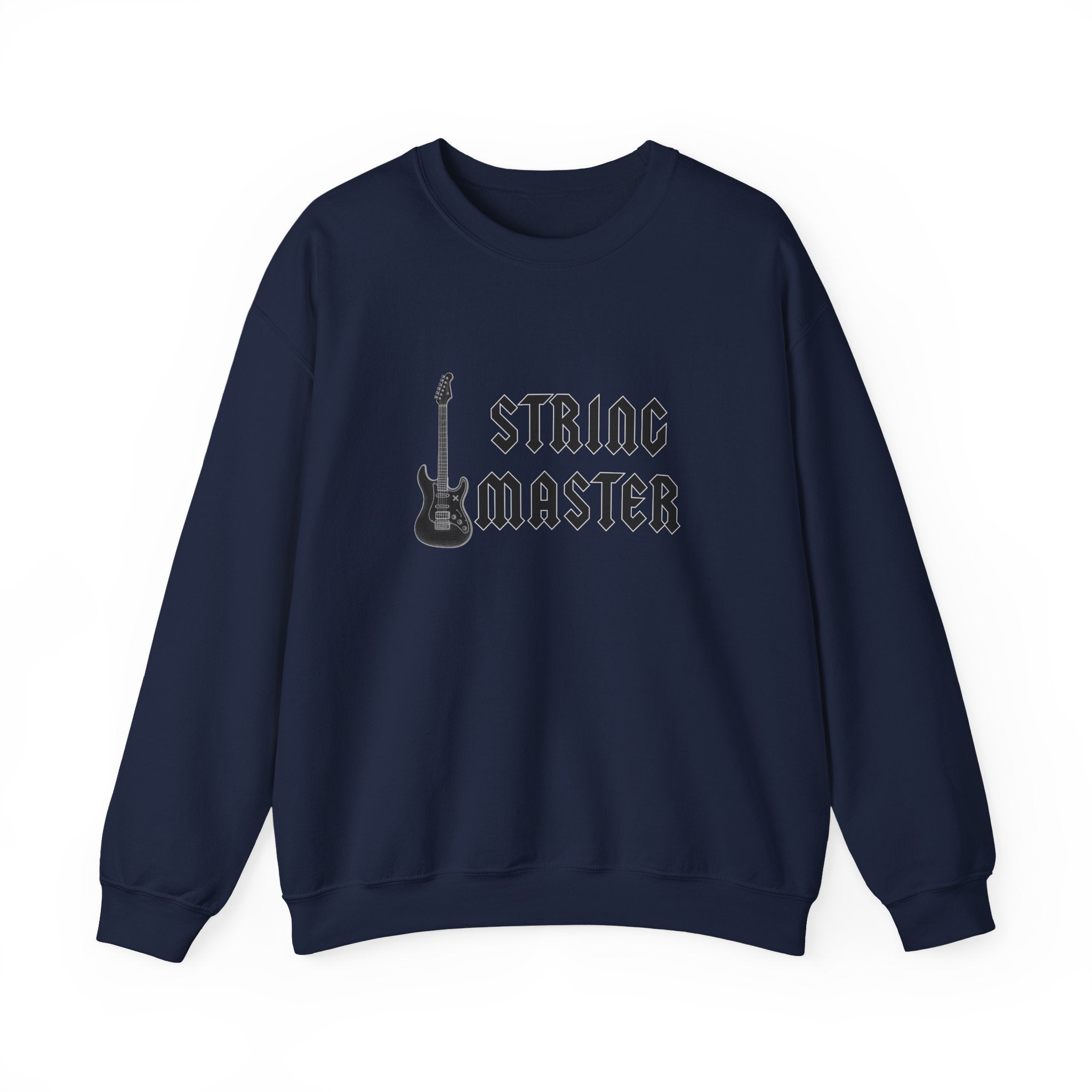 Navy blue sweatshirt with 'String Master' text and guitar graphic on a white background