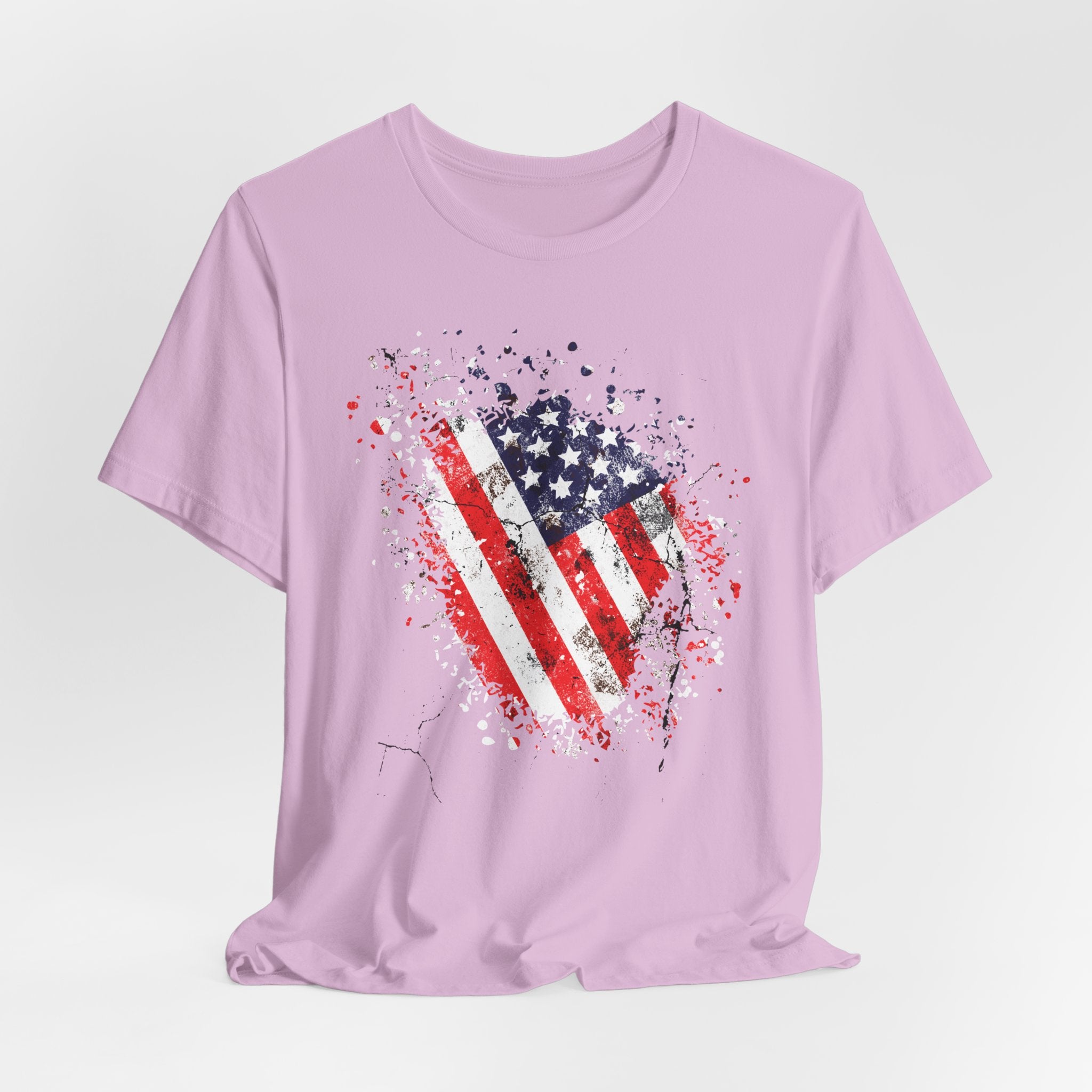 Purple t-shirt with American flag design on a light gray background