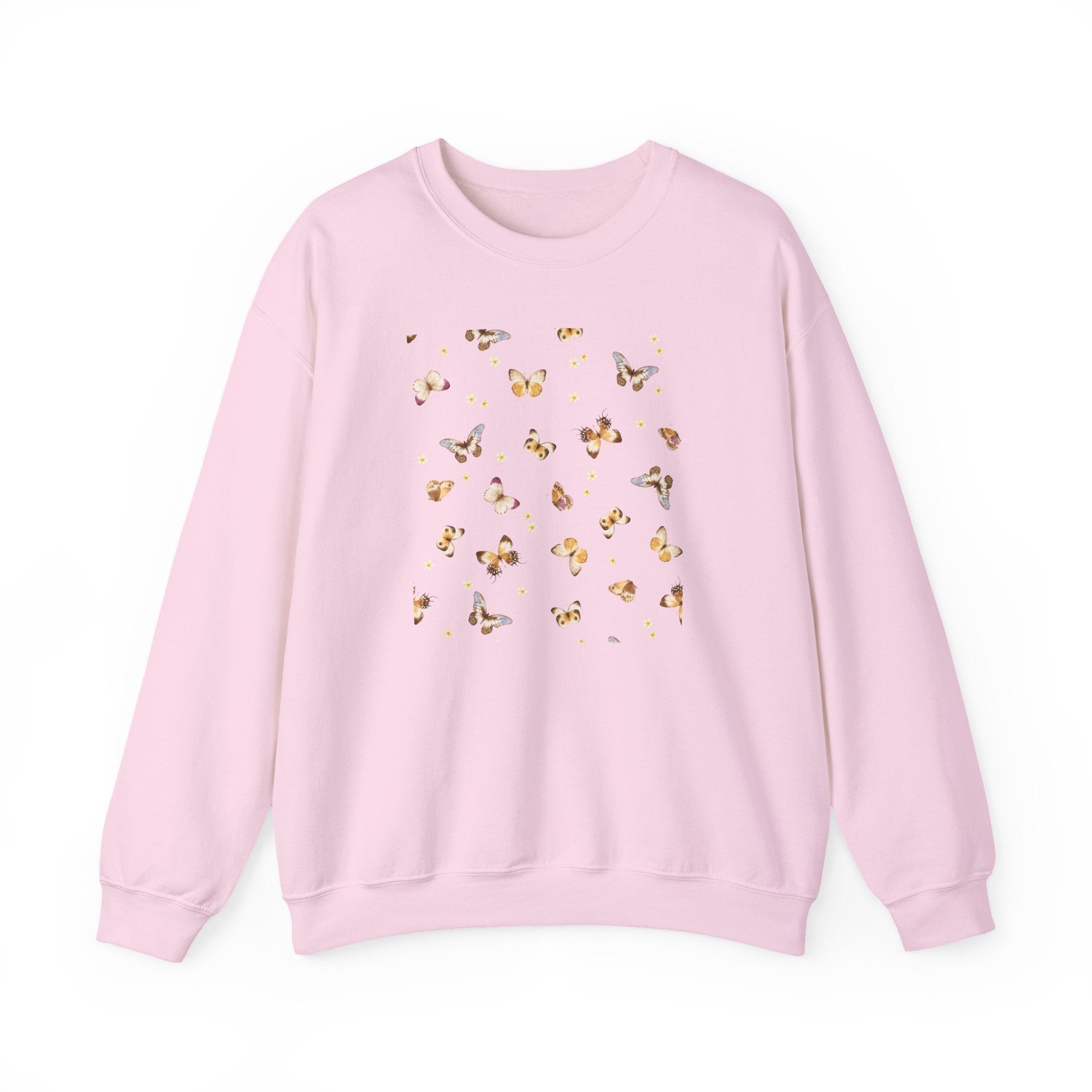 Pink sweatshirt with butterfly pattern on a white background