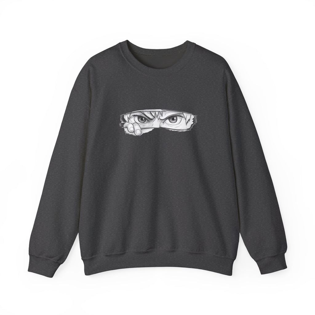 Dark gray sweatshirt with a anime eyes design on a white background