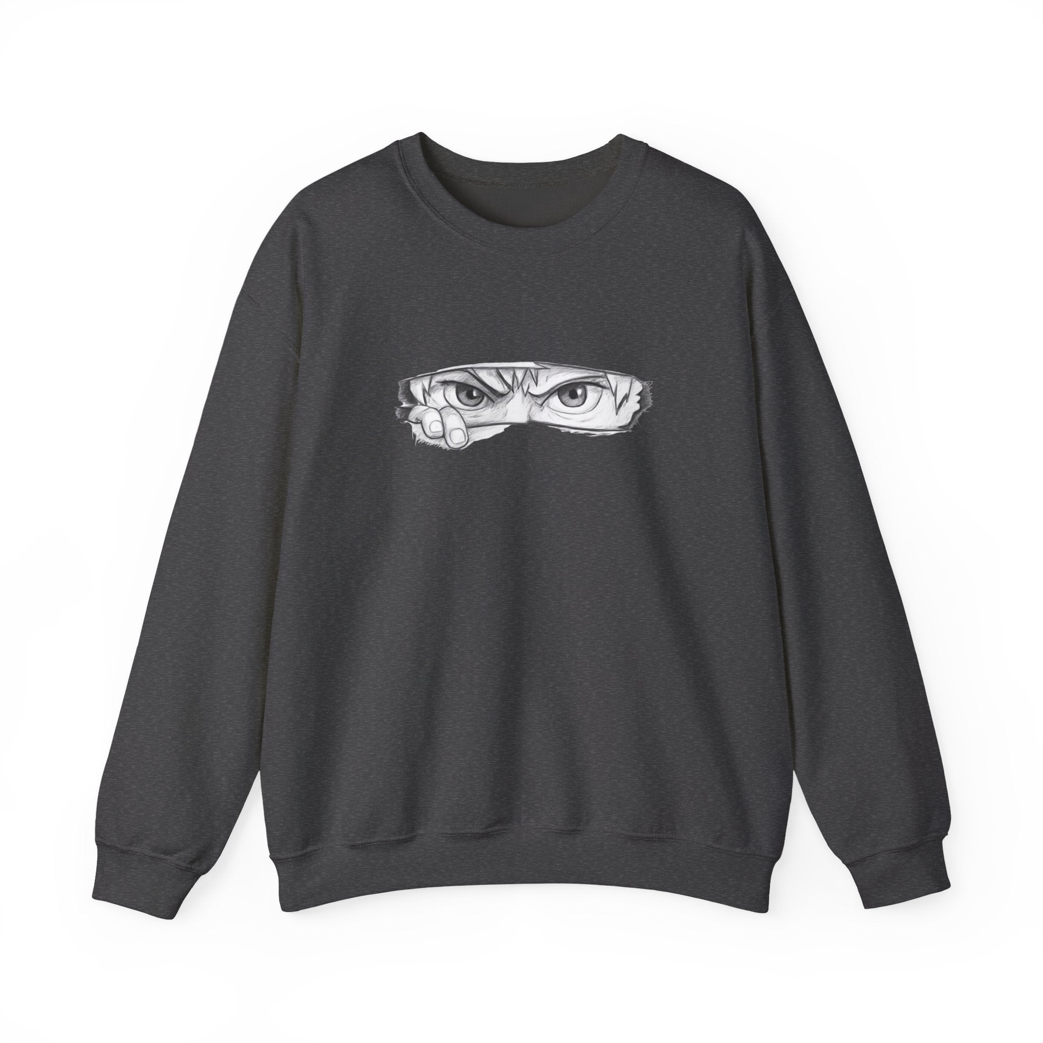 Dark gray sweatshirt with a anime eyes design on a white background