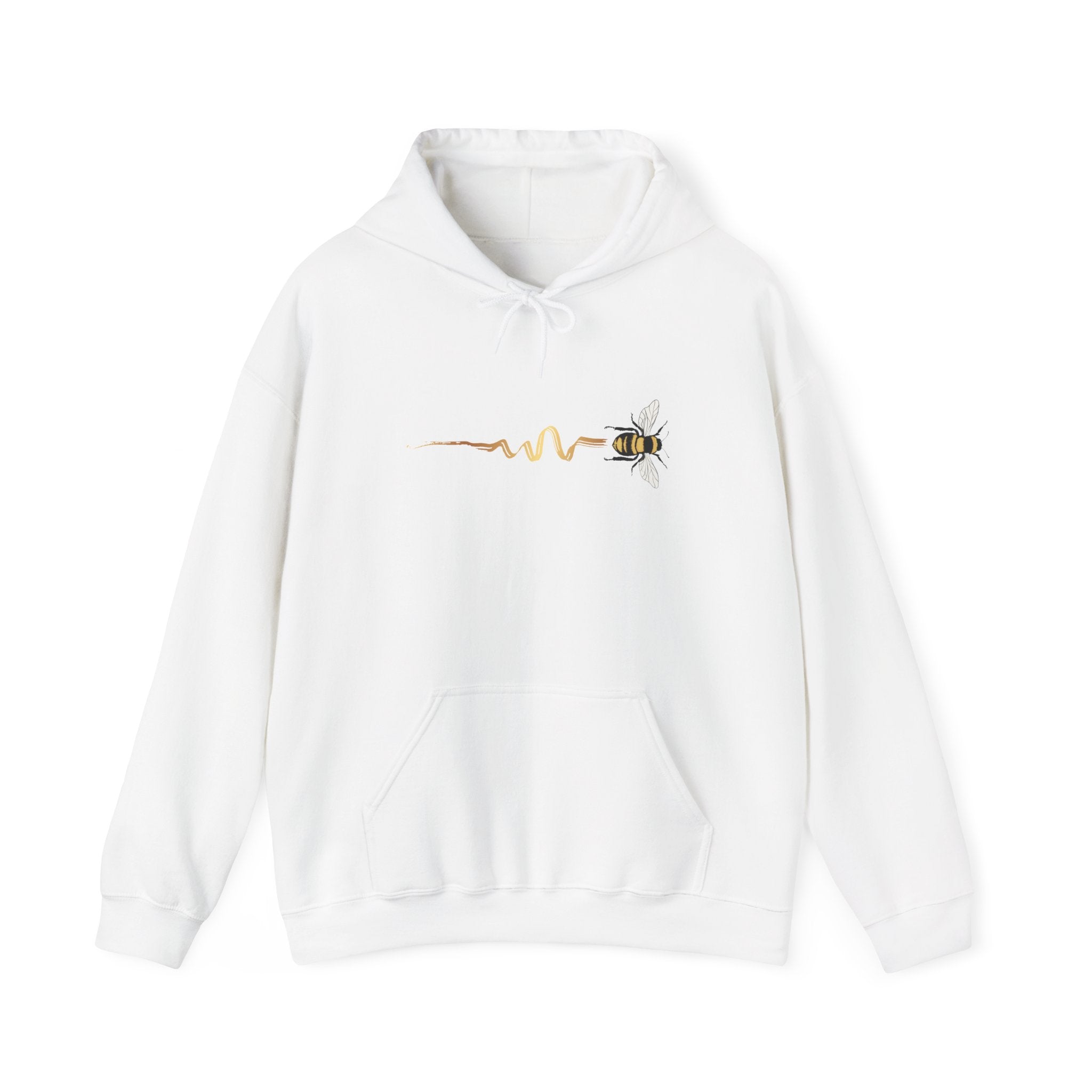 White hoodie with a bee design on a white background