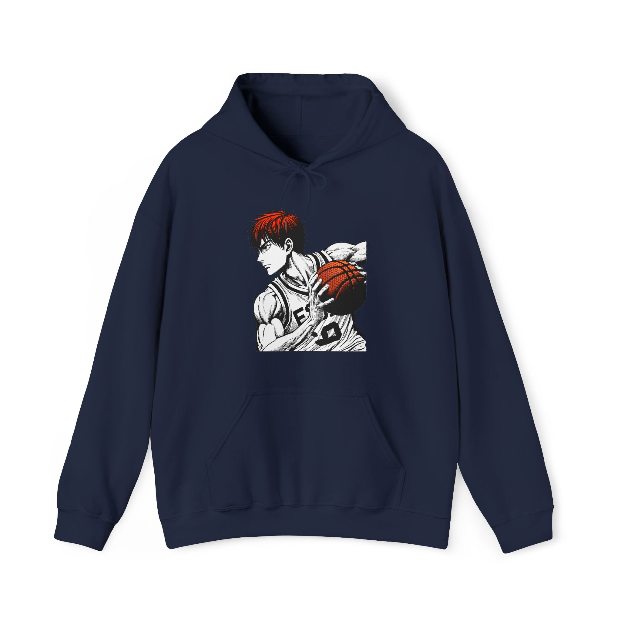 Navy blue hoodie with a graphic of a person holding a basketball on a white background